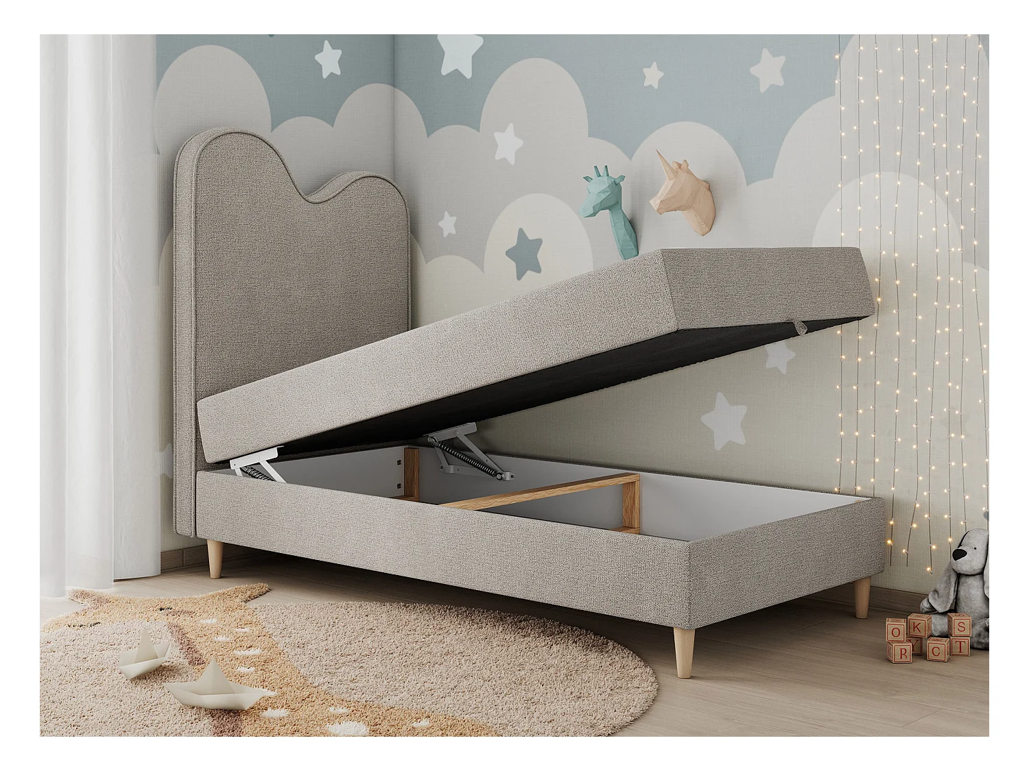 Kinderbett FLOW - Boxspringbett mit Stauraum, Einzelbett für Jugendliche, Bettkasten und hohe Kopfteil - 90x180 cm - Beige Strukture