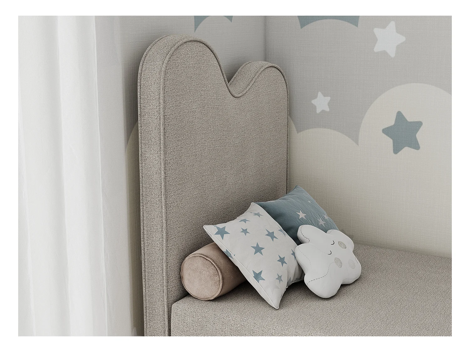 Kinderbett FLOW - Boxspringbett mit Stauraum, Einzelbett für Jugendliche, Bettkasten und hohe Kopfteil - 90x180 cm - Beige Strukture