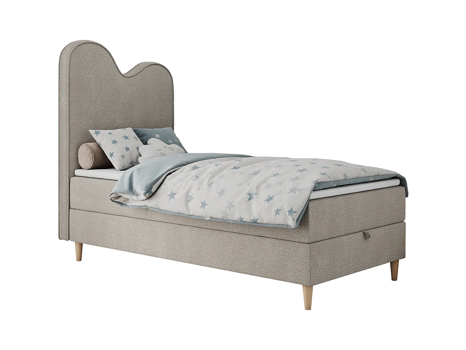 Kinderbett FLOW - Boxspringbett mit Stauraum, Einzelbett für Jugendliche, Bettkasten und hohe Kopfteil - 90x180 cm - Beige Strukture