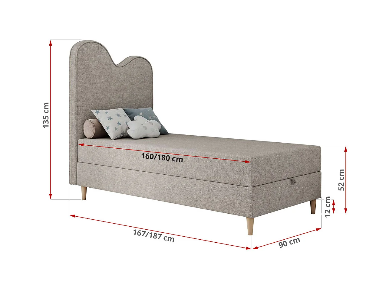 Kinderbett FLOW - Boxspringbett mit Stauraum, Einzelbett für Jugendliche, Bettkasten und hohe Kopfteil - 90x180 cm - Beige Strukture
