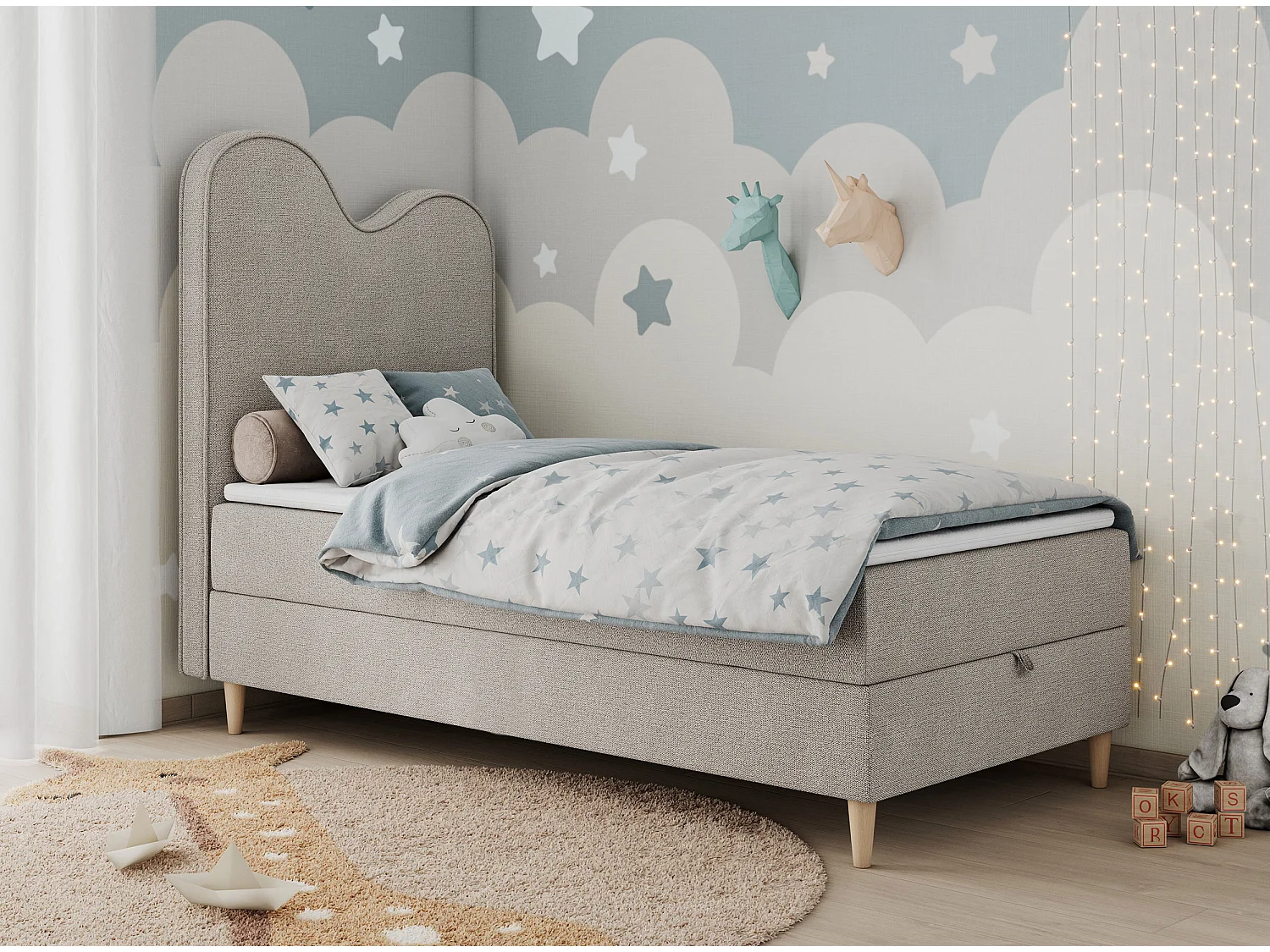Kinderbett FLOW - Boxspringbett mit Stauraum, Einzelbett für Jugendliche, Bettkasten und hohe Kopfteil - 90x180 cm - Beige Strukture