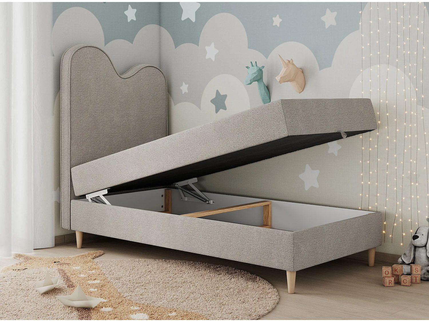 Kinderbett FLOW - Boxspringbett mit Stauraum, Einzelbett für Jugendliche, Bettkasten und hohe Kopfteil - 90x180 cm - Beige Strukture