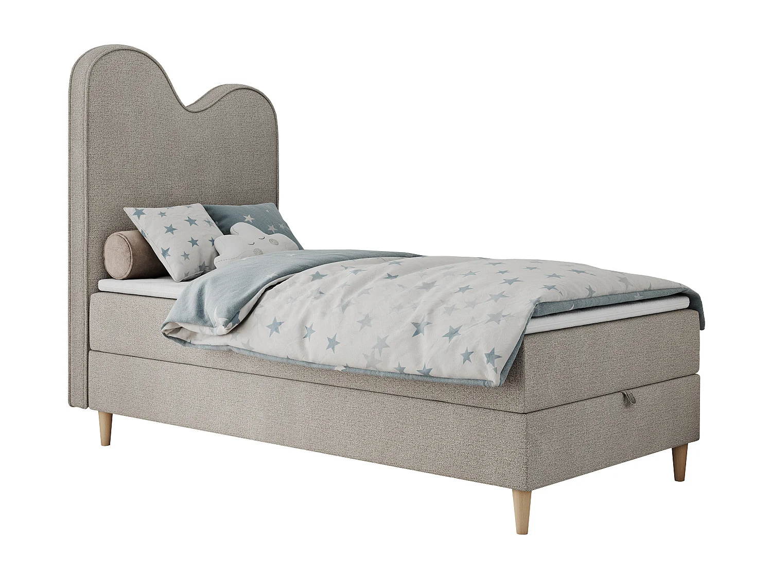 Kinderbett FLOW - Boxspringbett mit Stauraum, Einzelbett für Jugendliche, Bettkasten und hohe Kopfteil - 90x180 cm - Beige Strukture