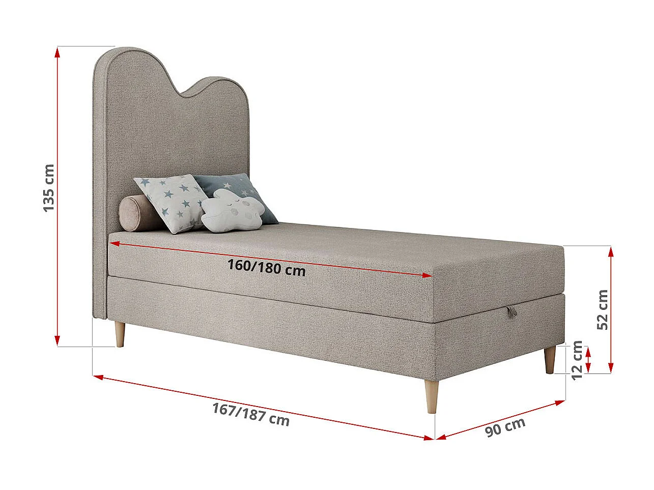 Kinderbett FLOW - Boxspringbett mit Stauraum, Einzelbett für Jugendliche, Bettkasten und hohe Kopfteil - 90x180 cm - Beige Strukture