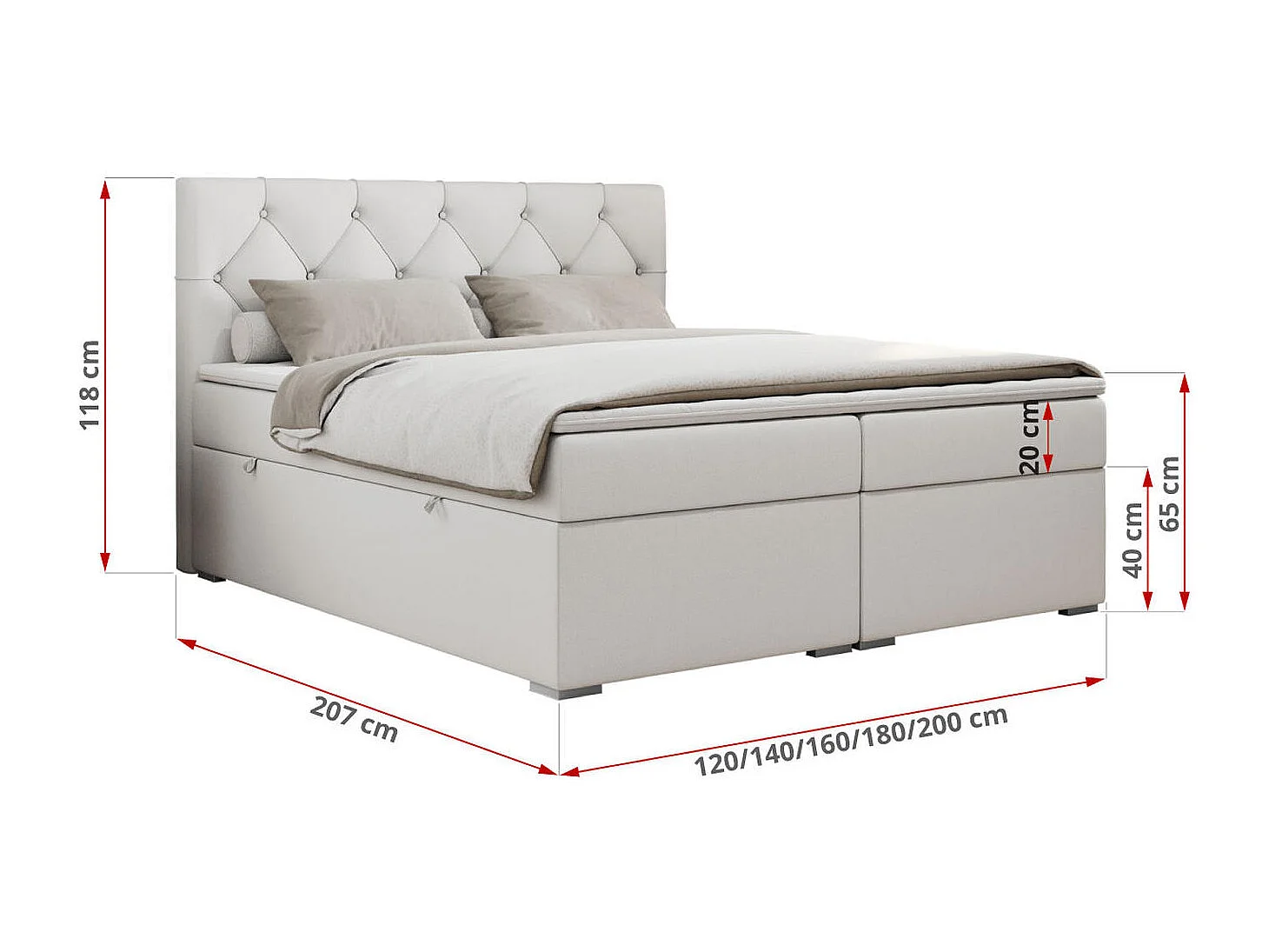 Boxspringbett ALDA - Doppelbett mit gestepptem Kopfteil, Multipocket-Matratze und Topper, zwei Bettkästen - 160x200 cm - H4 - Weiß Kunstleder