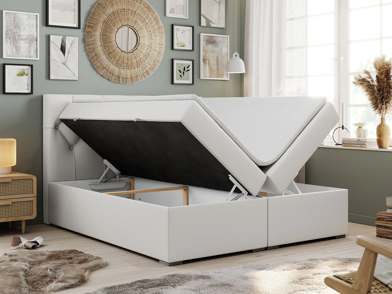 Boxspringbett ALDA - Doppelbett mit gestepptem Kopfteil, Multipocket-Matratze und Topper, zwei Bettkästen - 160x200 cm - H4 - Weiß Kunstleder