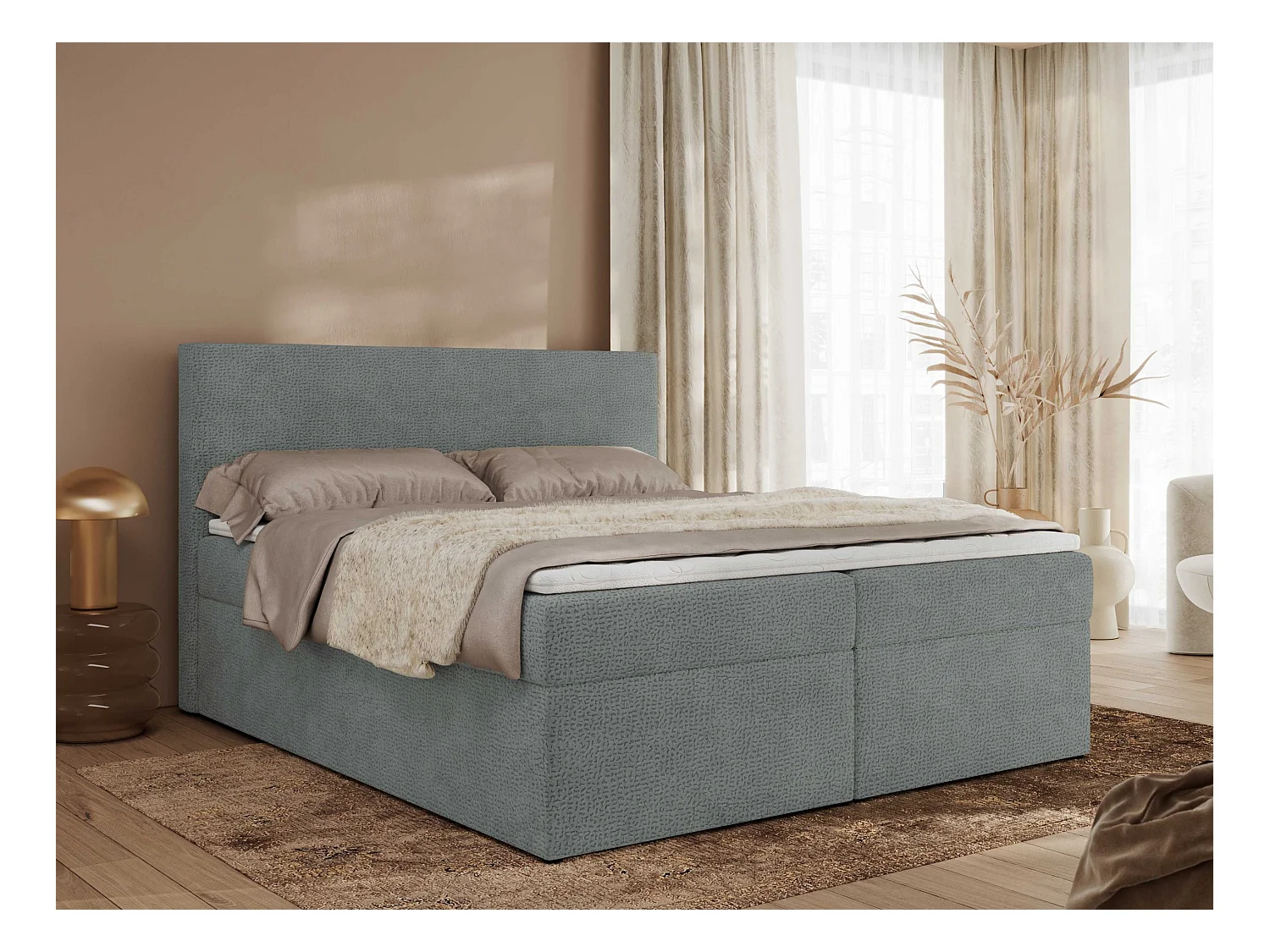 Boxspringbett JAGUAR - Doppelbett mit Multipocket-Matratze und Topper, Struktur dekostoff, zwei Bettkästen - 160x200 cm - H4 - Grau Struktur