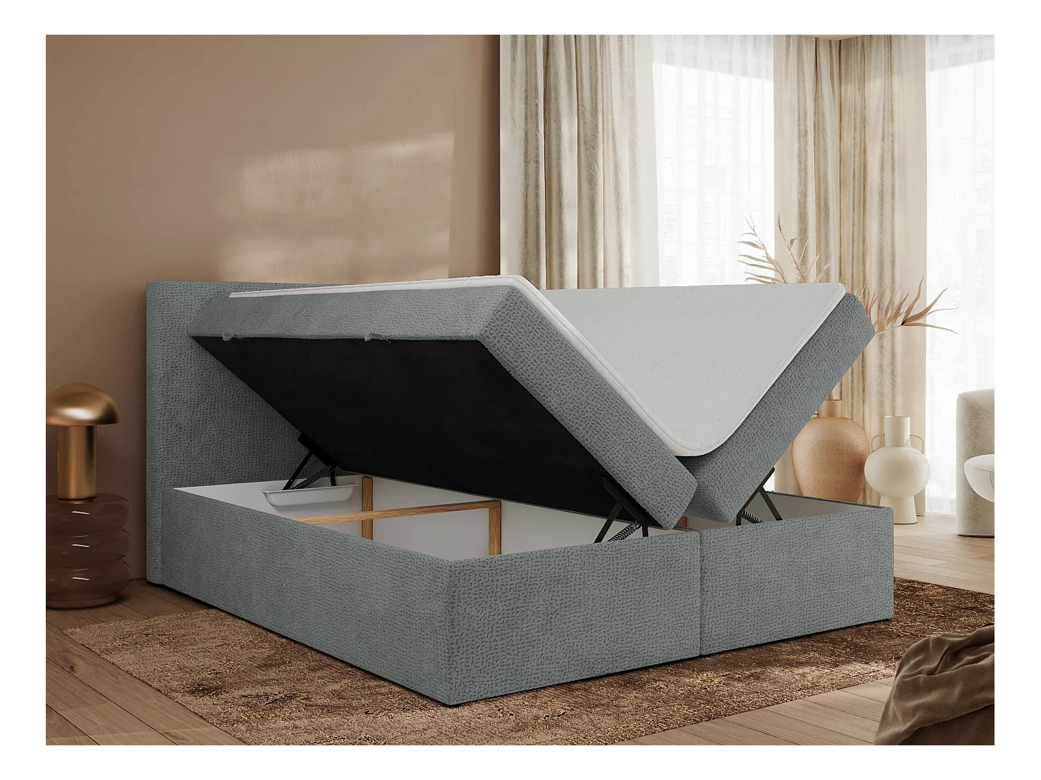 Boxspringbett JAGUAR - Doppelbett mit Multipocket-Matratze und Topper, Struktur dekostoff, zwei Bettkästen - 160x200 cm - H4 - Grau Struktur