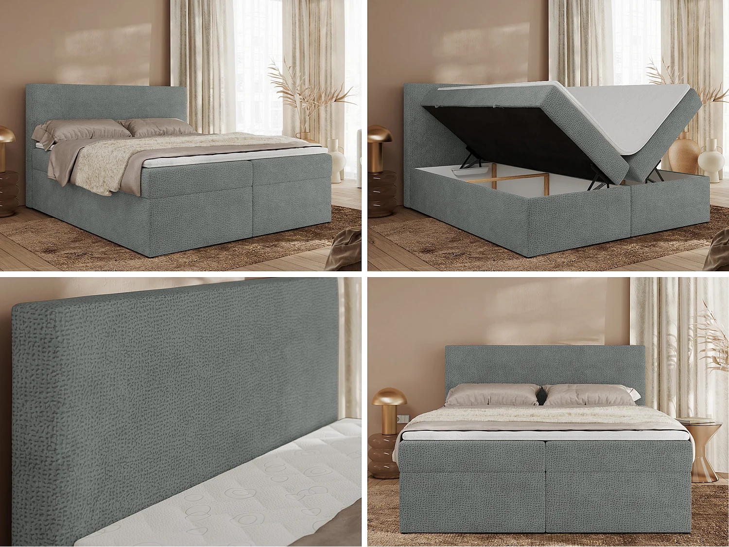 Boxspringbett JAGUAR - Doppelbett mit Multipocket-Matratze und Topper, Struktur dekostoff, zwei Bettkästen - 160x200 cm - H4 - Grau Struktur
