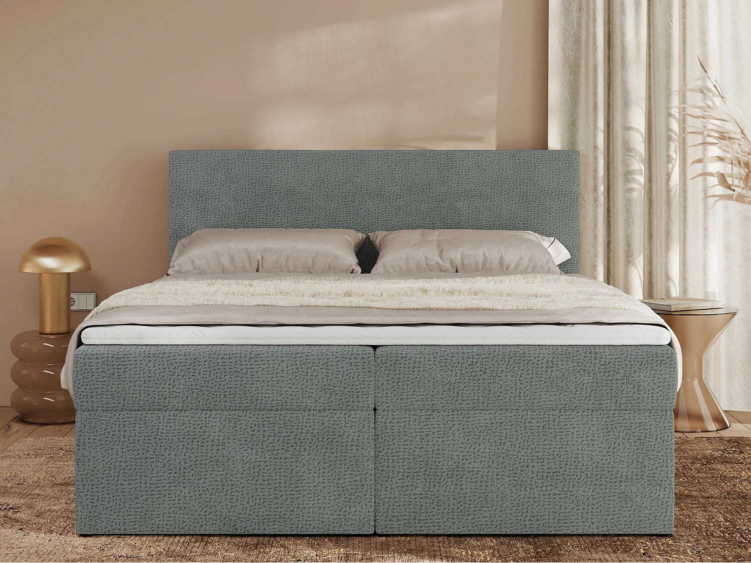 Boxspringbett JAGUAR - Doppelbett mit Multipocket-Matratze und Topper, Struktur dekostoff, zwei Bettkästen - 160x200 cm - H4 - Grau Struktur