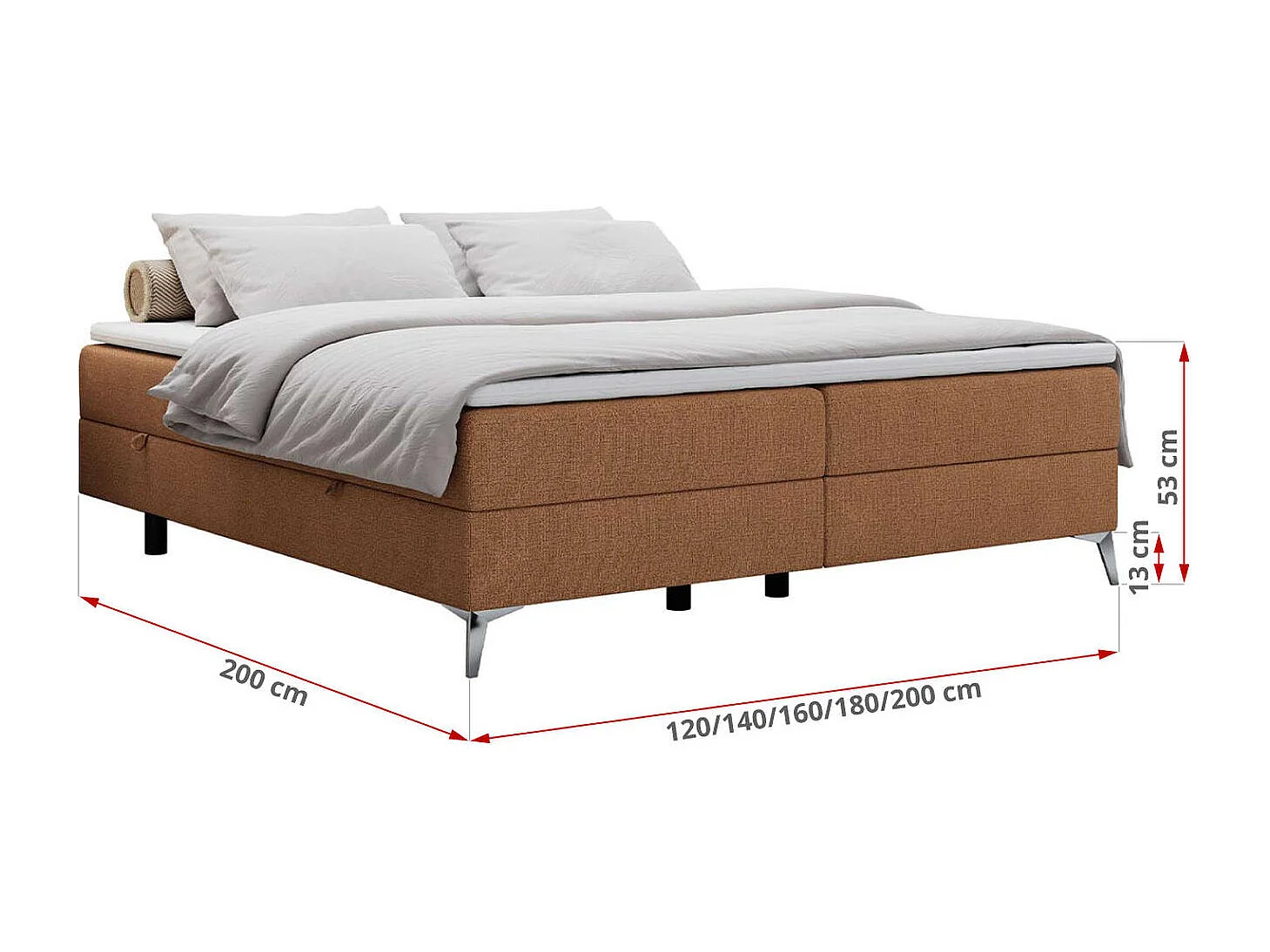 Boxspringbett LESS - Doppelbett mit zwei Bettkästen, 7 Härtezonen Multipocket-Matratzen, hohe Metallbeine - 140x200 cm - H3 - Orange Strukture
