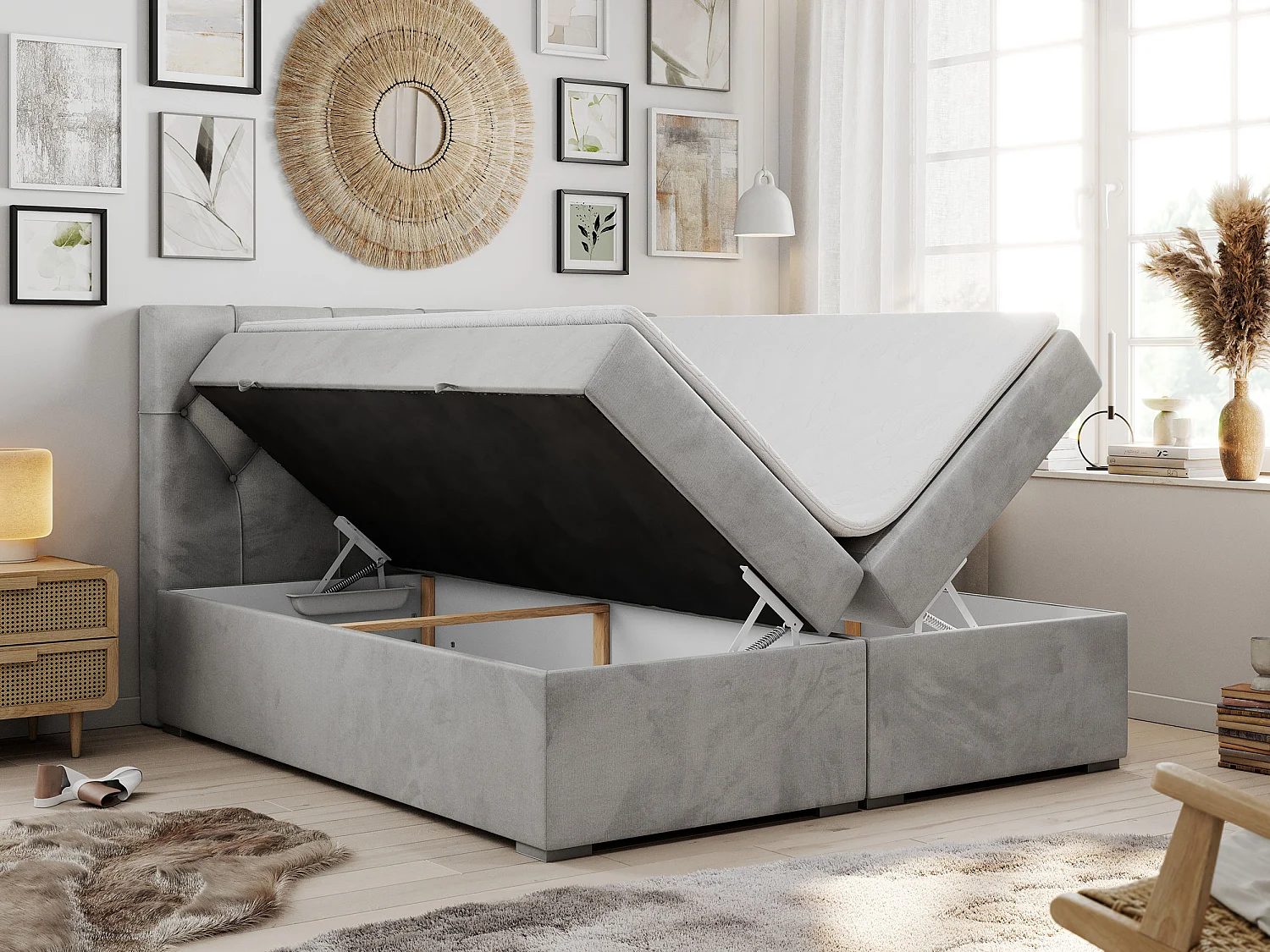 Boxspringbett ALDA - Doppelbett mit gestepptem Kopfteil, Multipocket-Matratze und Topper, zwei Bettkästen - 140x200 cm - H4 - Hellgrau Velvet