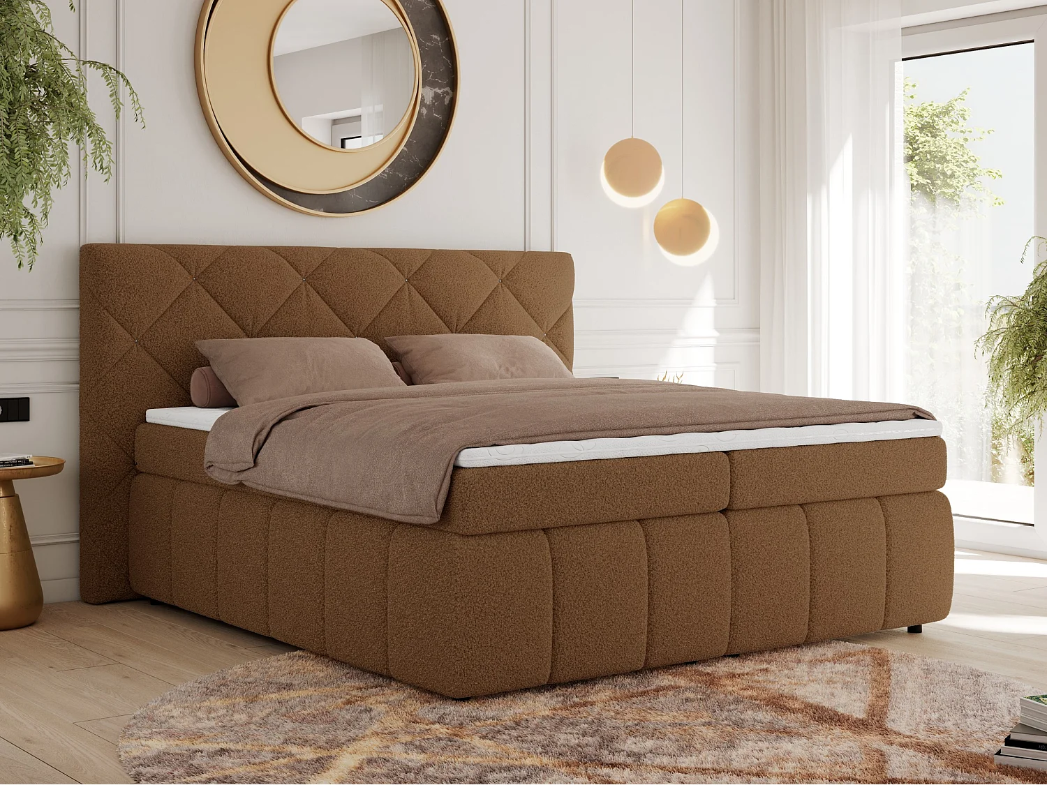 Boxspringbett RITA - Set mit Kopfteil, Multipocket-Matratze und Topper, Doppelbett für Schlafzimmer - 160x200 cm - H4 - Braun Boucle