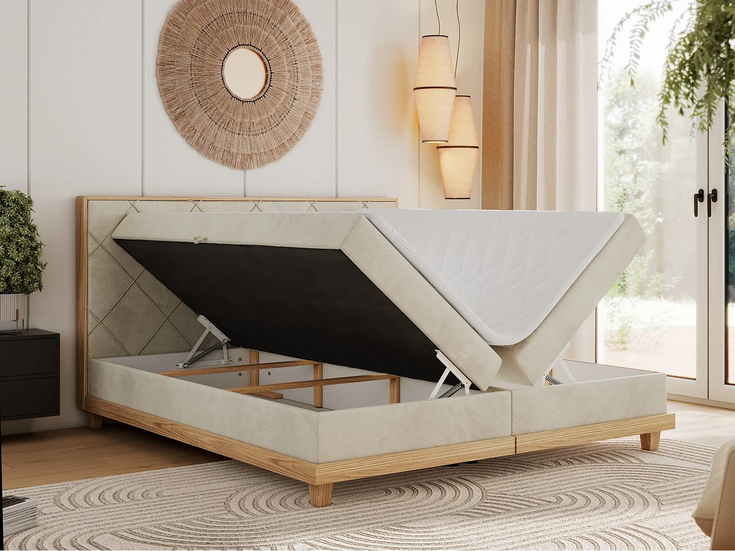 Boxspringbett CAICOS - mit gestepptem Kopfteil, Multipocket-Matratze und Topper, Holzelementen - 160x200 cm - H3 - Beige Velvet