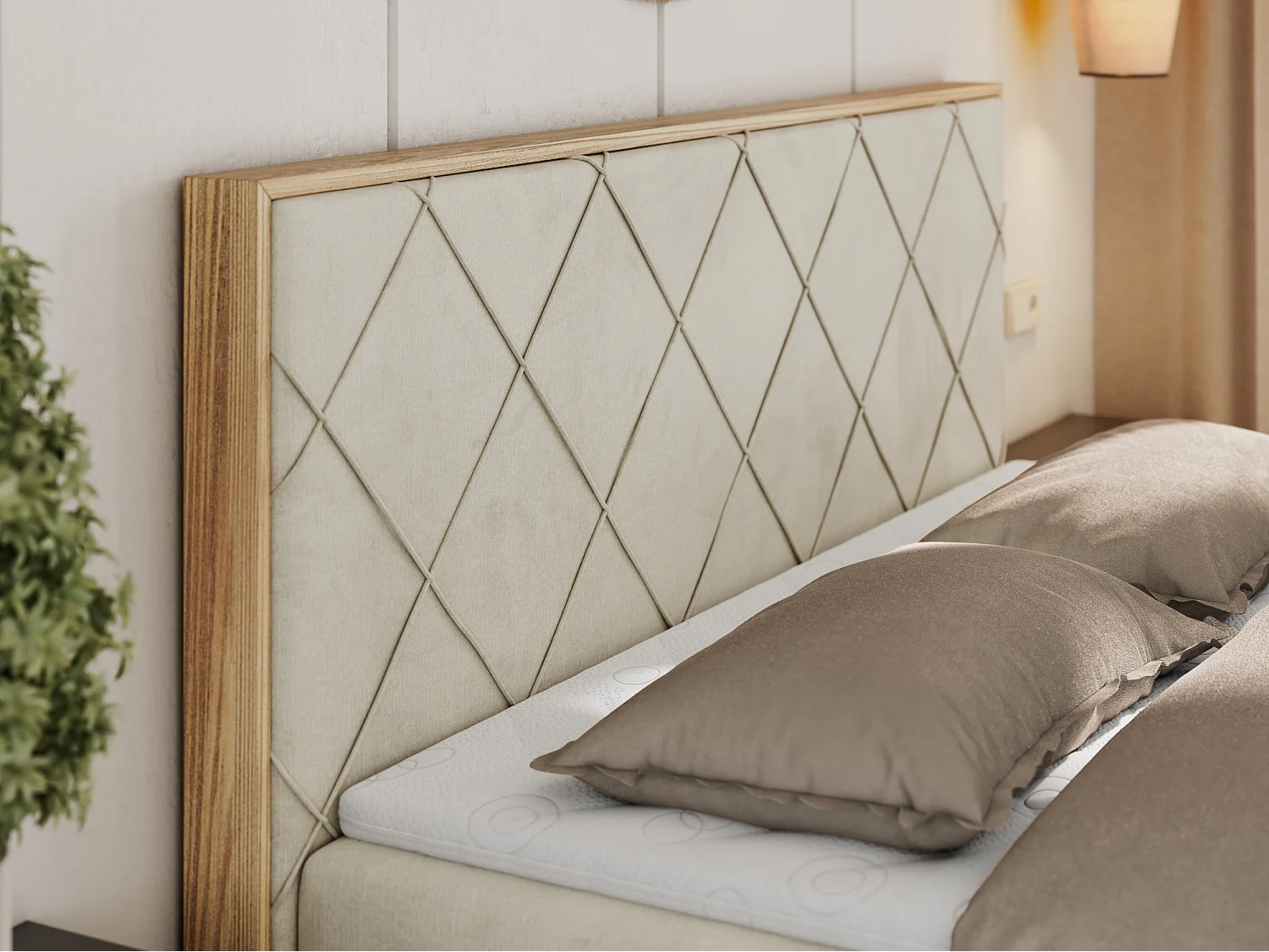 Boxspringbett CAICOS - mit gestepptem Kopfteil, Multipocket-Matratze und Topper, Holzelementen - 160x200 cm - H3 - Beige Velvet