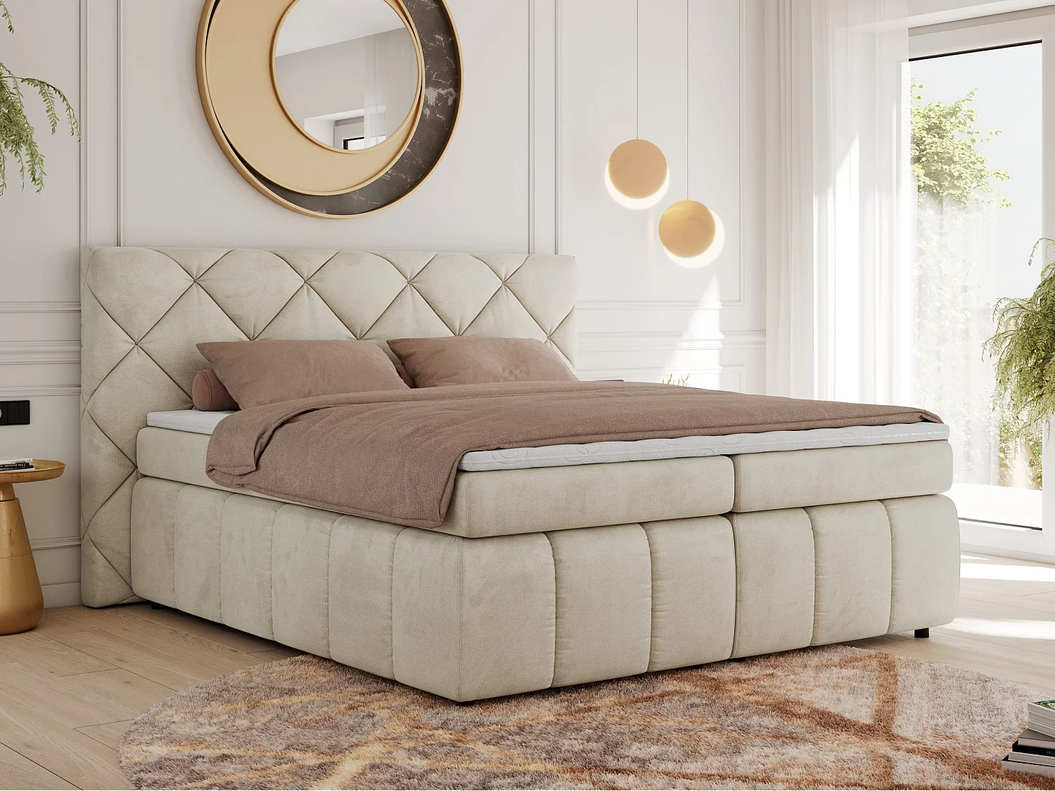 Boxspringbett RITA - Set mit Kopfteil, Multipocket-Matratze und Topper, Doppelbett für Schlafzimmer - 160x200 cm - H3 - Beige Velvet