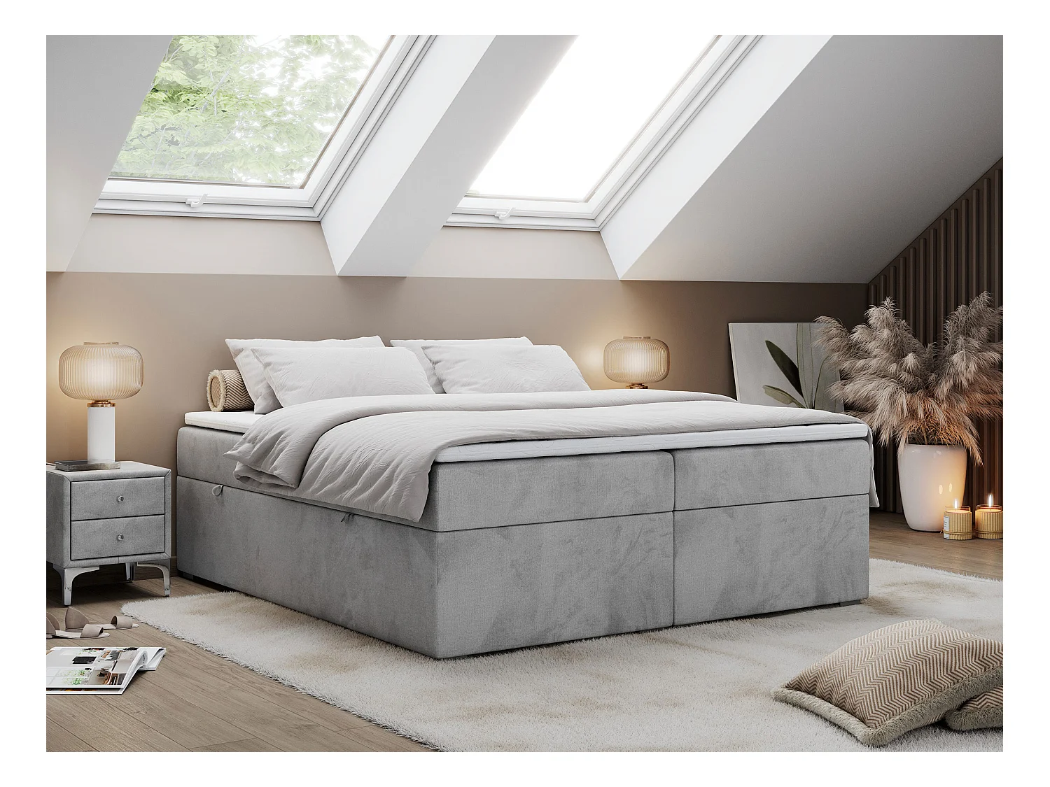 Boxspringbett BESS - Doppelbett mit Stauraum, Polsterbett, Multipocket-Matratzen und Topper - 140x200 cm - H4 - Hellgrau Velvet