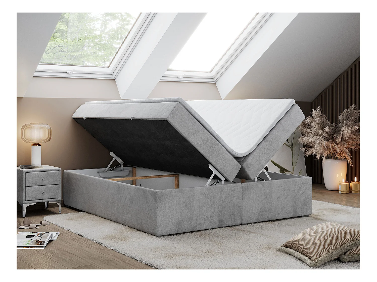 Boxspringbett BESS - Doppelbett mit Stauraum, Polsterbett, Multipocket-Matratzen und Topper - 140x200 cm - H4 - Hellgrau Velvet