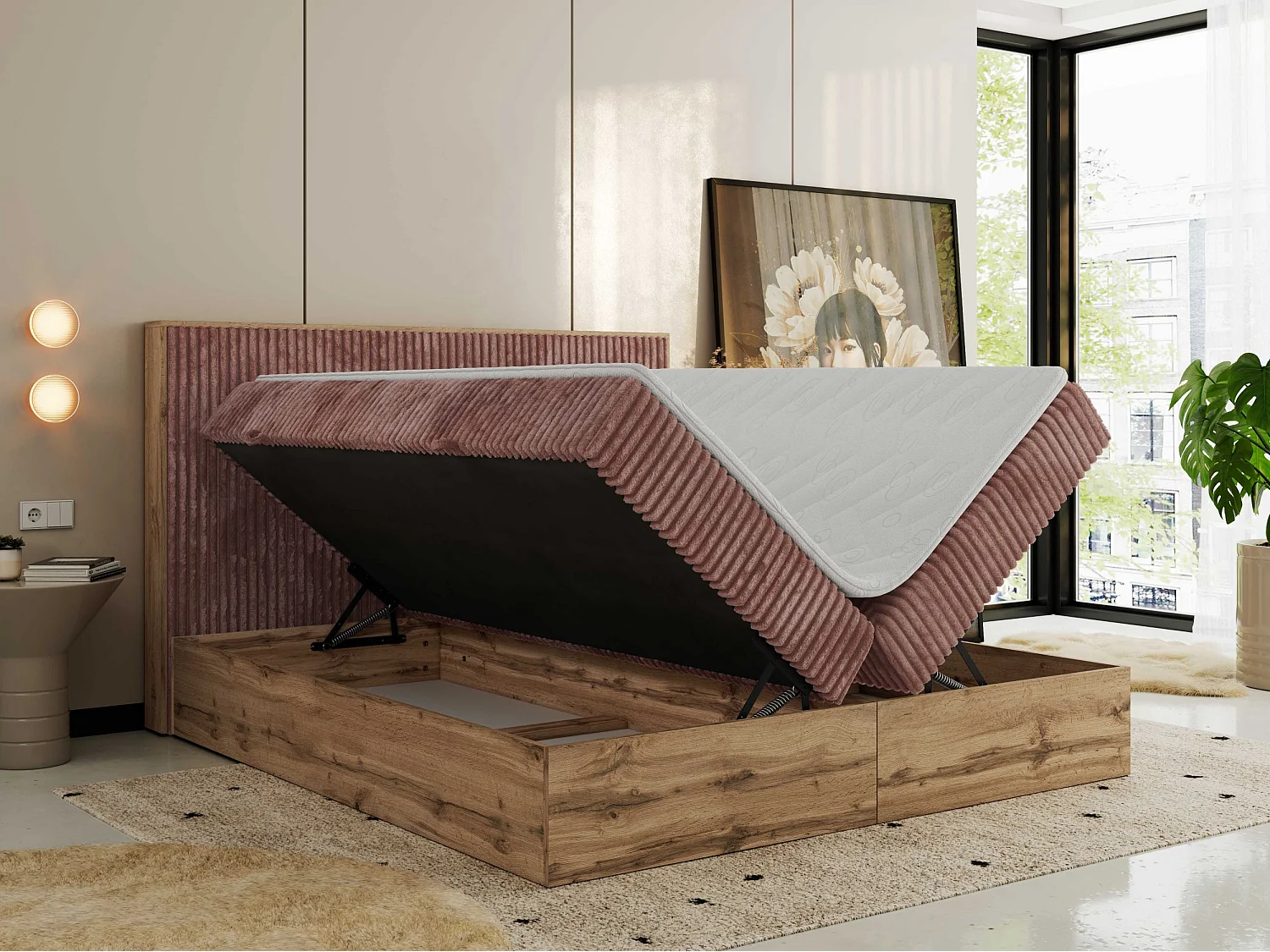 Boxspringbett WOOD CLASSIC - Doppelbett für Schlafzimmer, Set mit Multipocket-Matratze, Holzrahmen - 200x200 cm - H4 - Rosa Cord