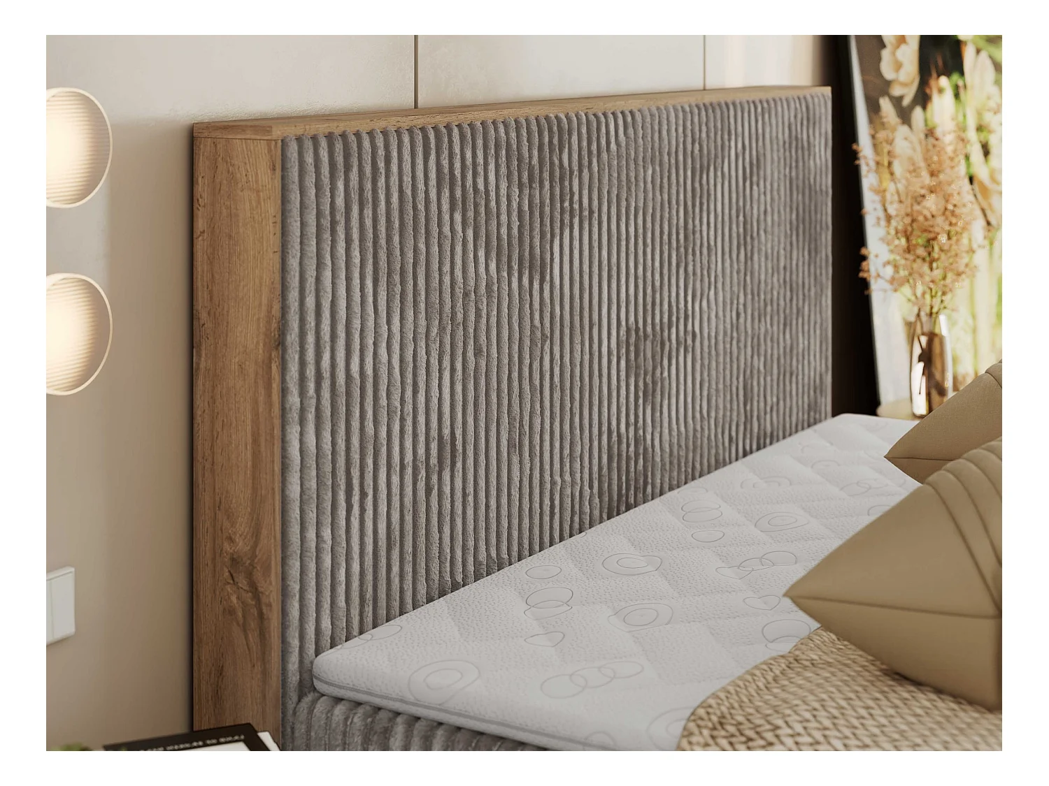 Boxspringbett WOOD CLASSIC - Doppelbett für Schlafzimmer, Set mit Multipocket-Matratze, Holzrahmen - 140x200 cm - H4 - Hellbraun Cord