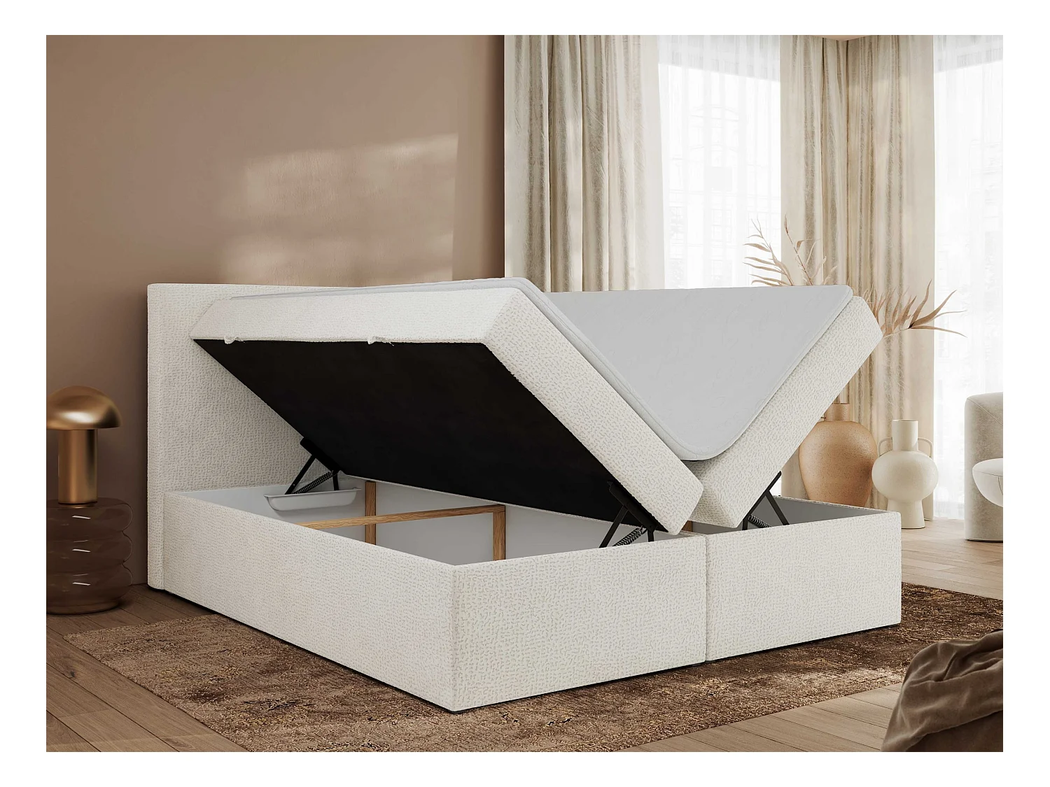 Boxspringbett JAGUAR - Doppelbett mit Multipocket-Matratze und Topper, Struktur dekostoff, zwei Bettkästen - 160x200 cm - H4 - Creme Struktur