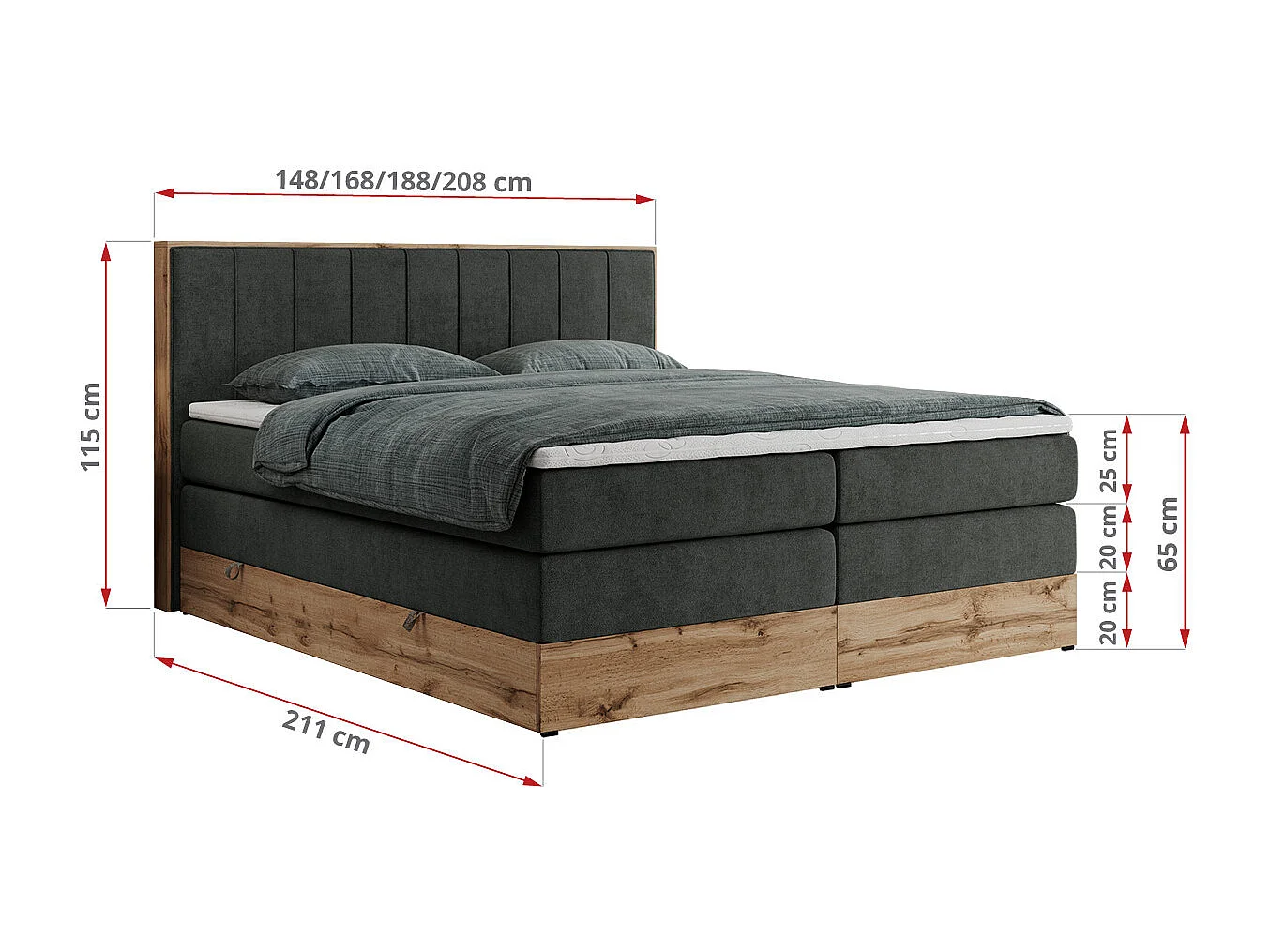 Boxspringbett BELLISSIMO KING - für Schlafzimmer, zwei Multipocket-Matratzen, Set mit Kopfteil und Topper, Holzrahmen - 180x200 cm - H3 - Dunkelgrau Strukture