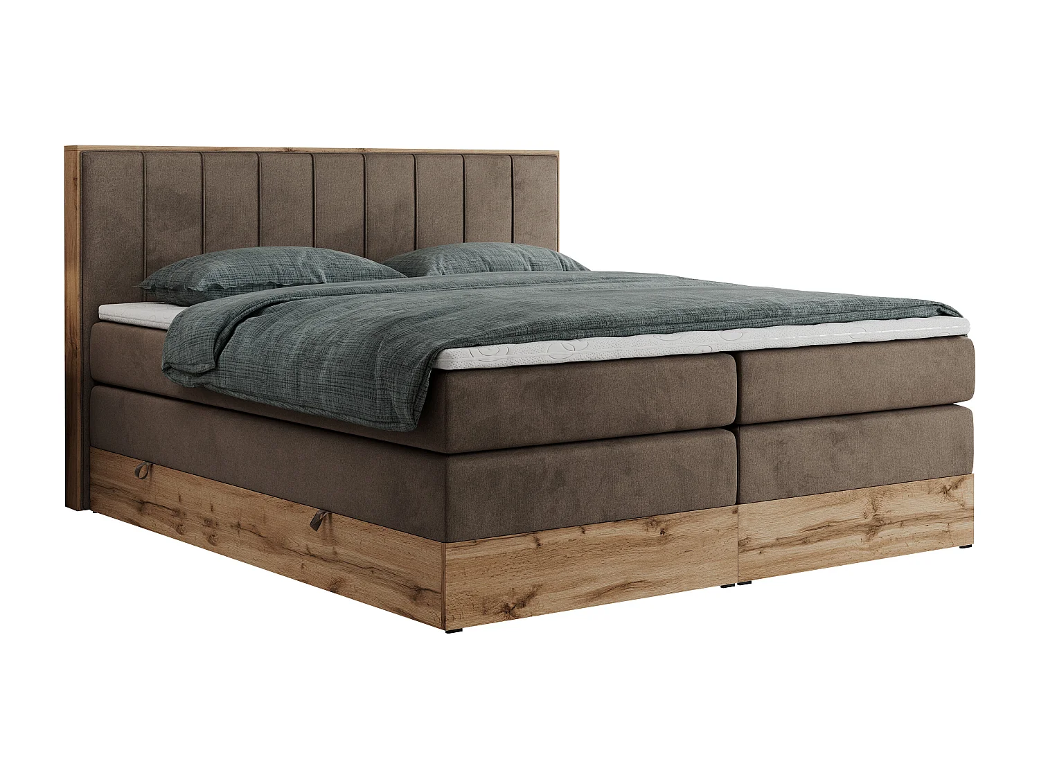 Boxspringbett BELLISSIMO KING - für Schlafzimmer, zwei Multipocket-Matratzen, Set mit Kopfteil und Topper, Holzrahmen - 140x200 cm - H3 - Braun Velvet