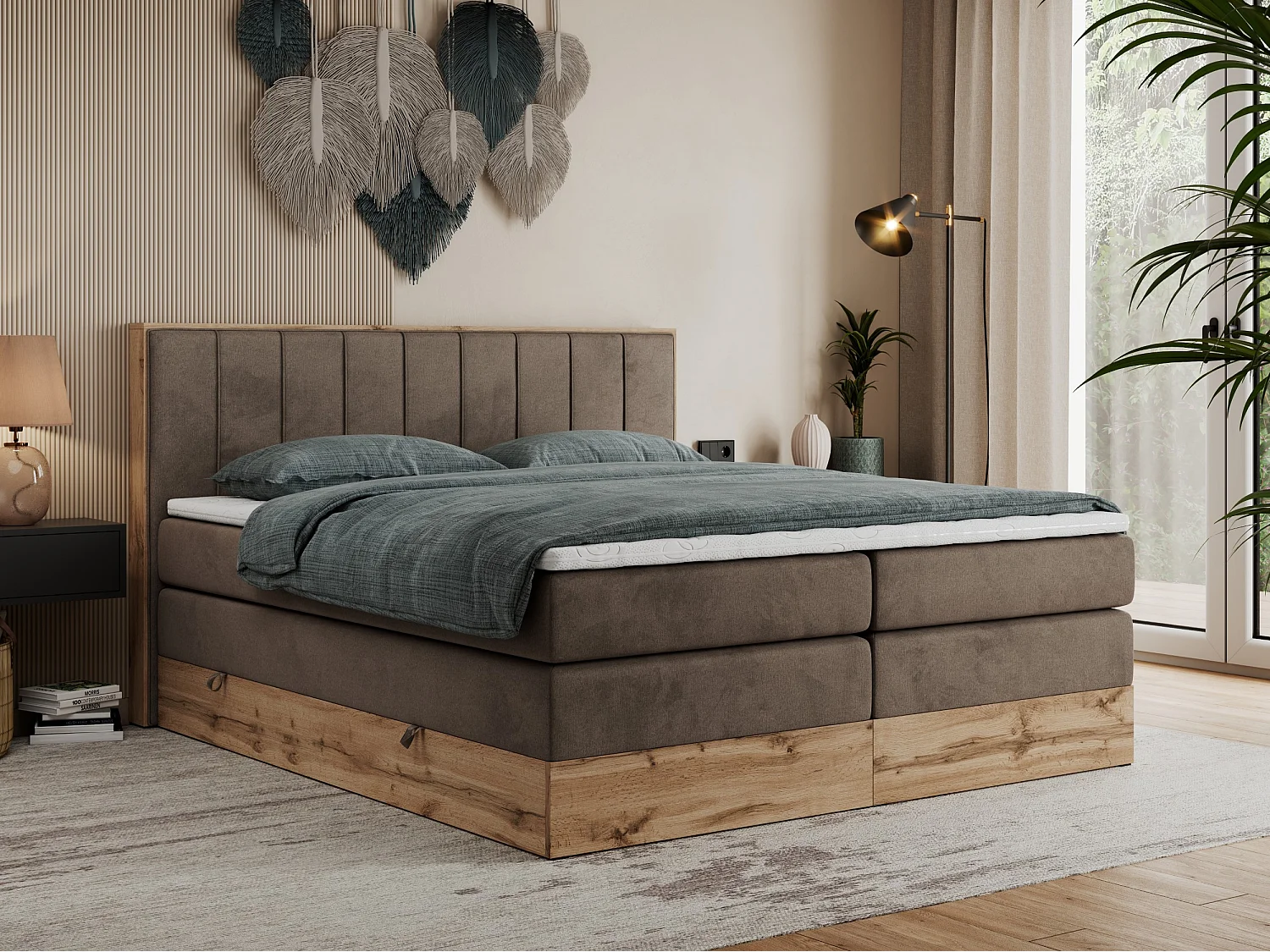 Boxspringbett BELLISSIMO KING - für Schlafzimmer, zwei Multipocket-Matratzen, Set mit Kopfteil und Topper, Holzrahmen - 140x200 cm - H3 - Braun Velvet