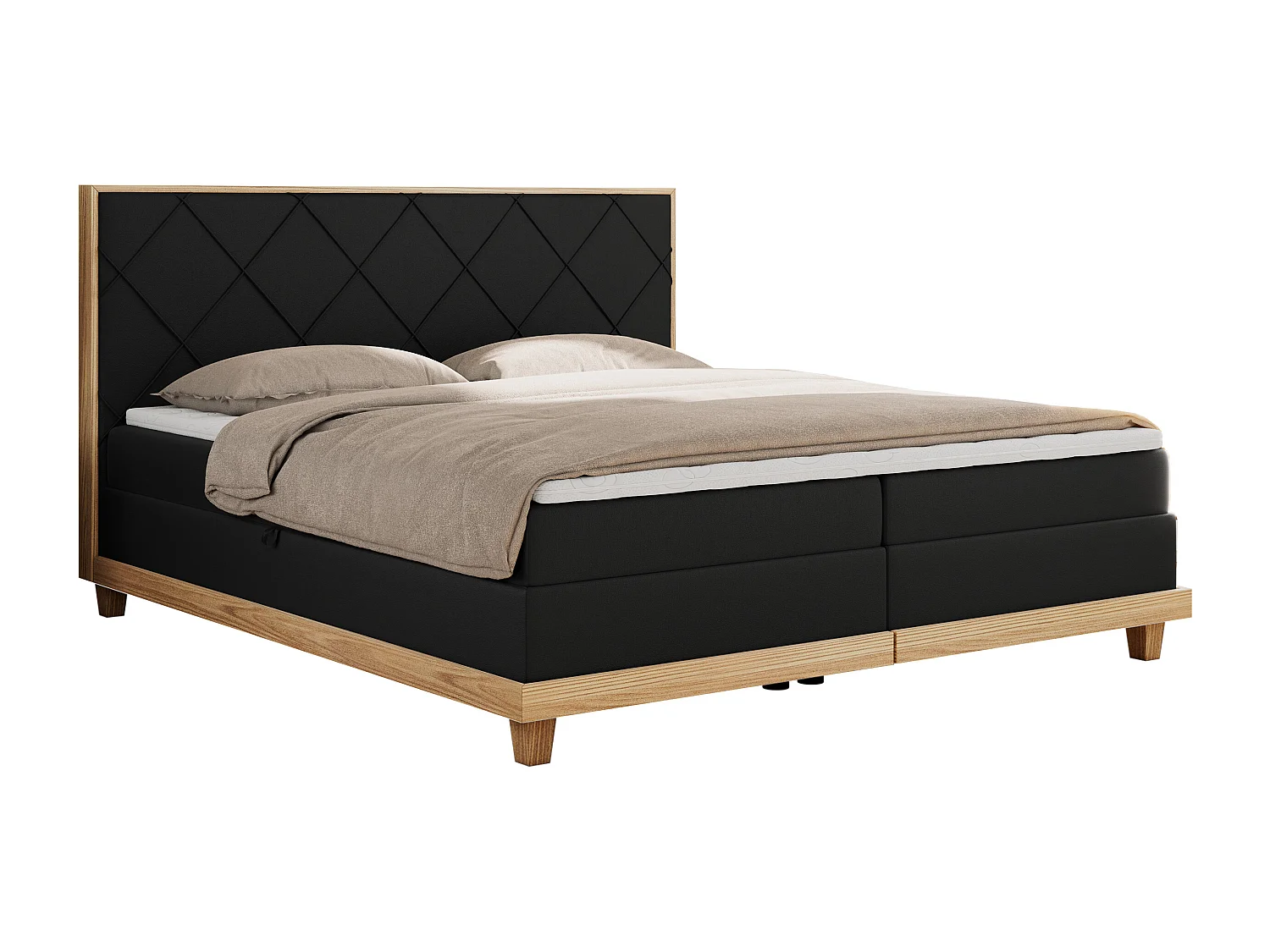 Boxspringbett CAICOS - mit gestepptem Kopfteil, Multipocket-Matratze und Topper, Holzelementen - 140x200 cm - H3 - Schwarz Kunstleder