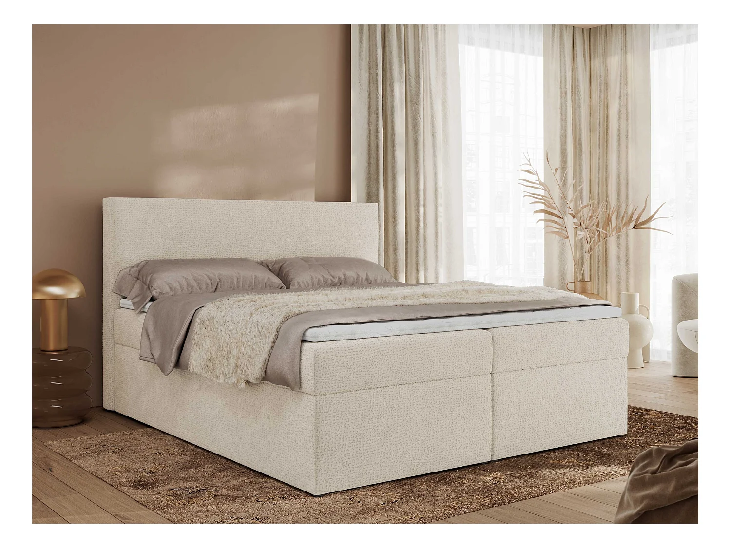Boxspringbett JAGUAR - Doppelbett mit Multipocket-Matratze und Topper, Struktur dekostoff, zwei Bettkästen - 200x200 cm - H3 - Hellbeige Struktur