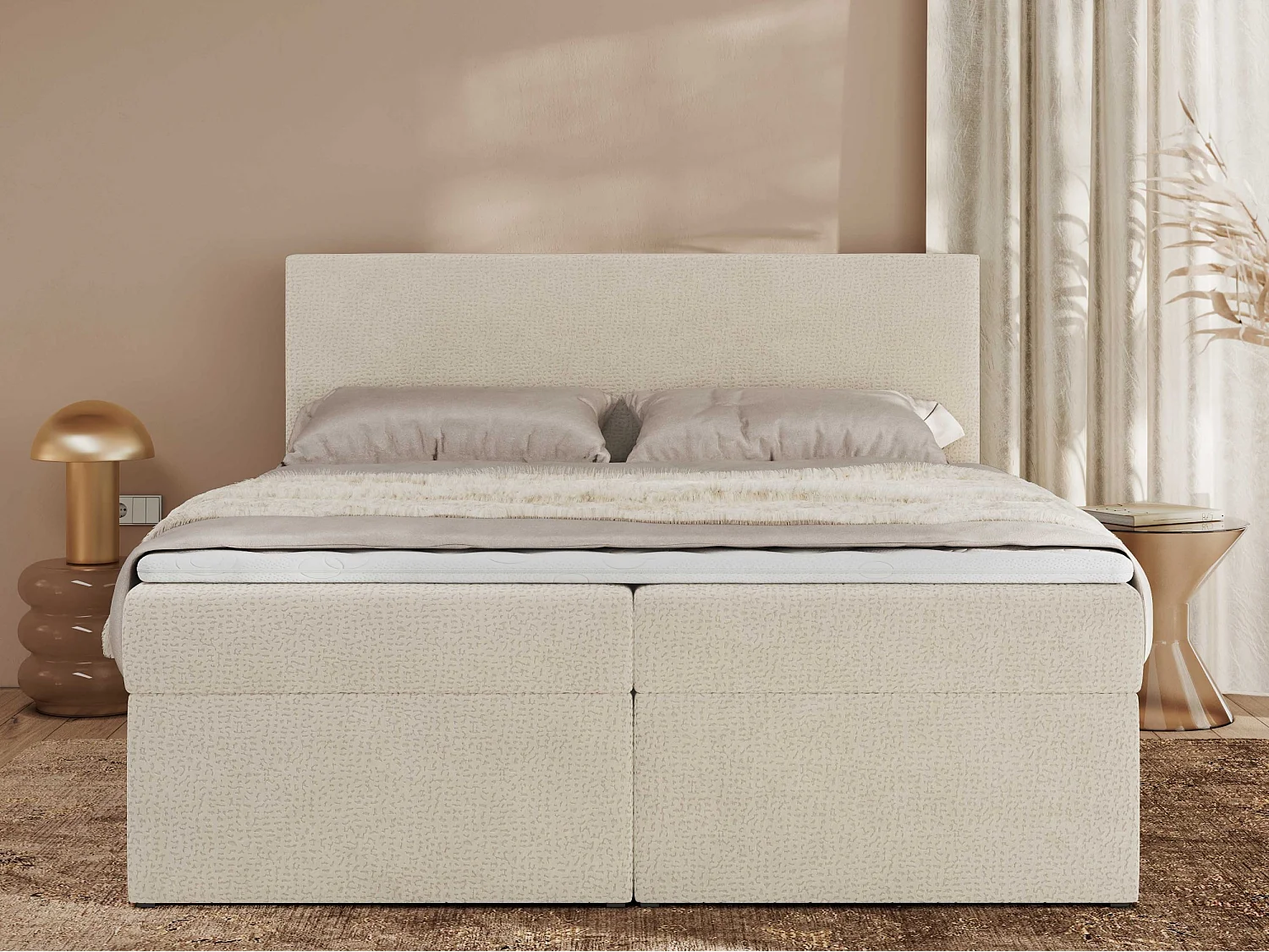 Boxspringbett JAGUAR - Doppelbett mit Multipocket-Matratze und Topper, Struktur dekostoff, zwei Bettkästen - 200x200 cm - H3 - Hellbeige Struktur