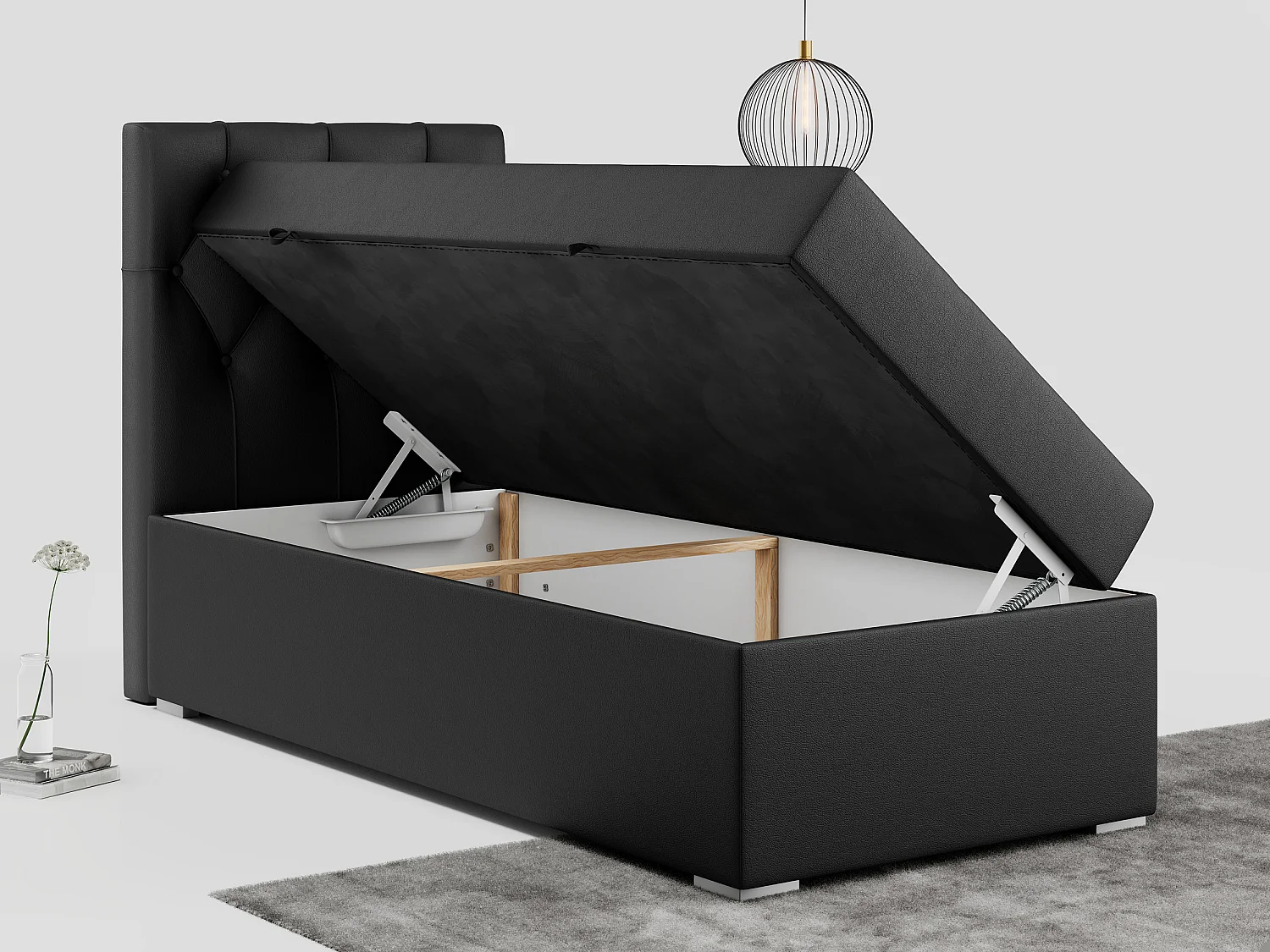 Boxspringbett ALDA - Einzelbett mit gestepptem Kopfteil, Multipocket-Matratze und Topper, Bettkasten - 90x200 cm - H4 - Schwarz Kunstleder - Links Seite