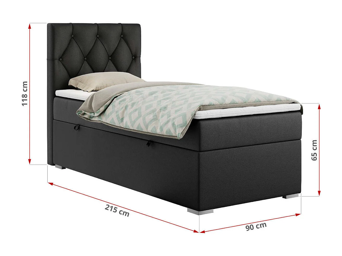 Boxspringbett ALDA - Einzelbett mit gestepptem Kopfteil, Multipocket-Matratze und Topper, Bettkasten - 90x200 cm - H4 - Schwarz Kunstleder - Links Seite