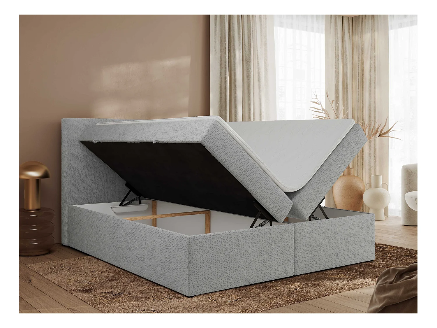 Boxspringbett JAGUAR - Doppelbett mit Multipocket-Matratze und Topper, Struktur dekostoff, zwei Bettkästen - 140x200 cm - H3 - Hellgrau Struktur