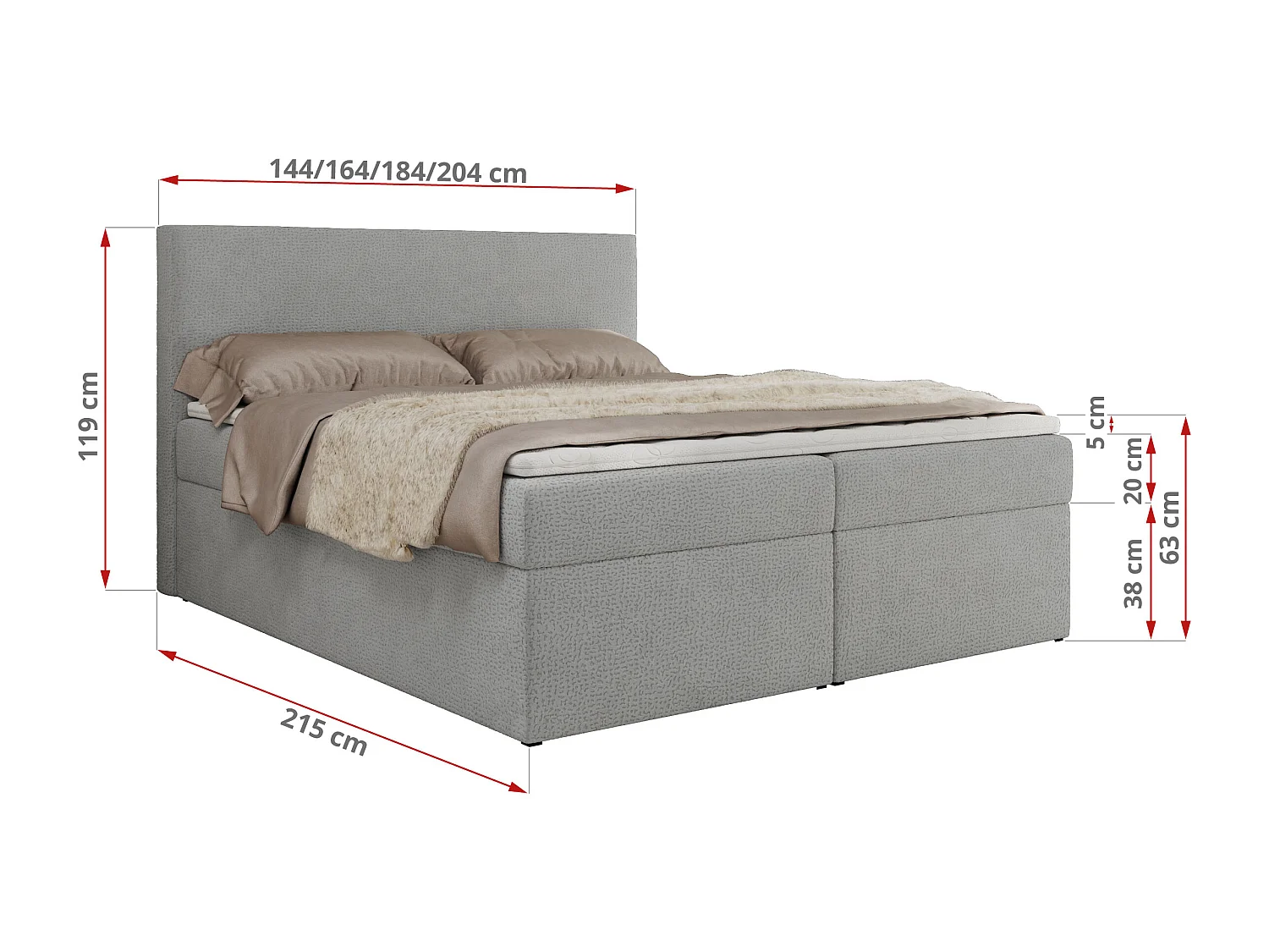 Boxspringbett JAGUAR - Doppelbett mit Multipocket-Matratze und Topper, Struktur dekostoff, zwei Bettkästen - 140x200 cm - H3 - Hellgrau Struktur