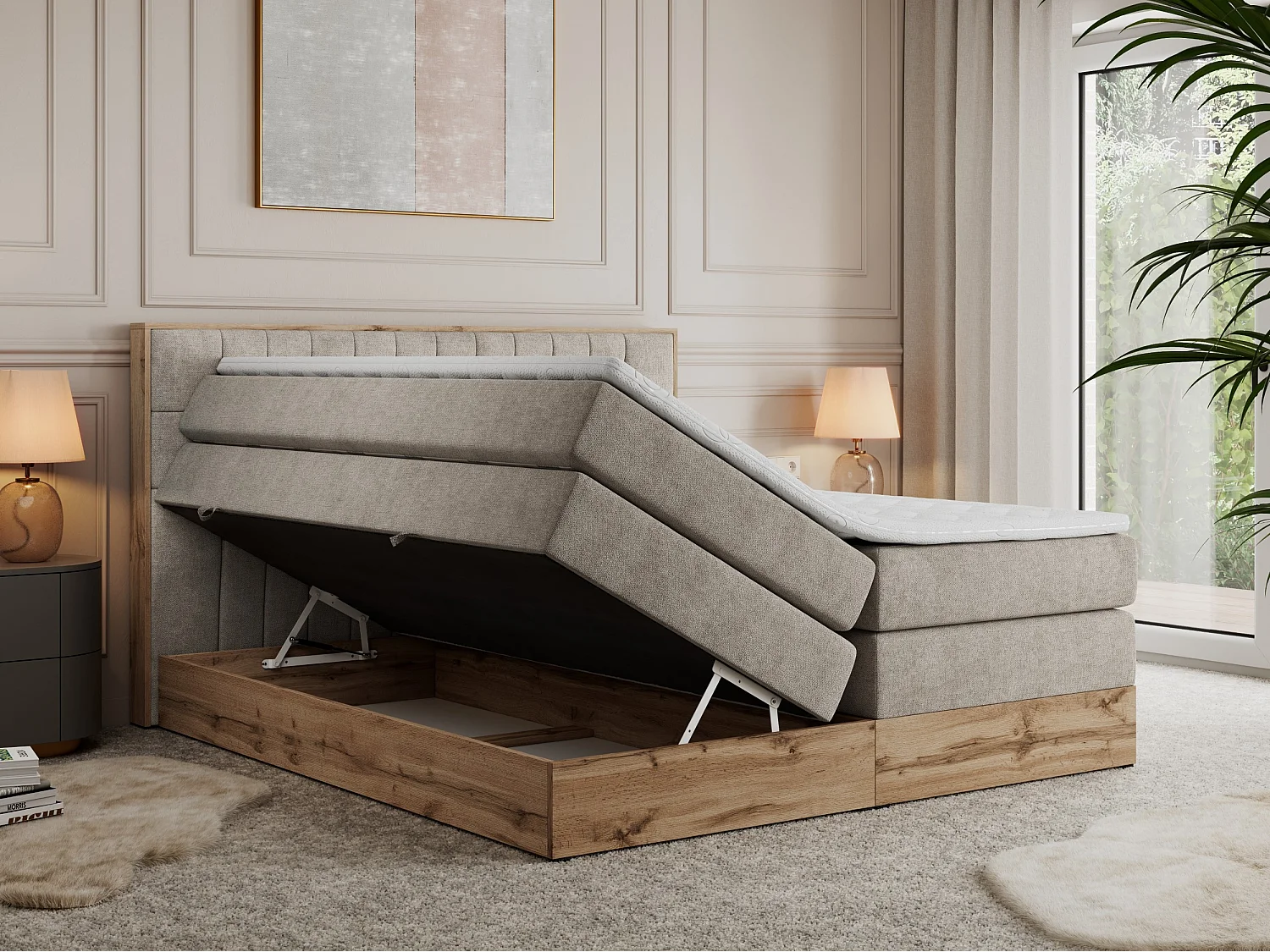 Boxspringbett AMORE KING - gesteppte Kopfstütze, Polsterbett mit zwei Multipocket-Matratzen, Holzrahmen - 200x200 cm - H3 - Beige Strukture