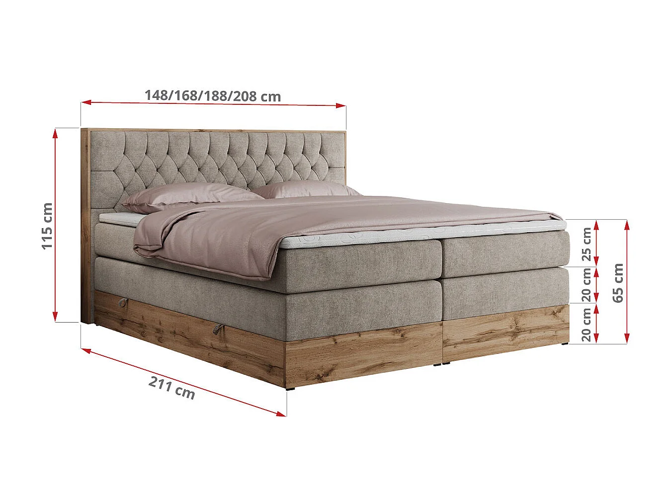Boxspringbett AMORE KING - gesteppte Kopfstütze, Polsterbett mit zwei Multipocket-Matratzen, Holzrahmen - 200x200 cm - H3 - Beige Strukture