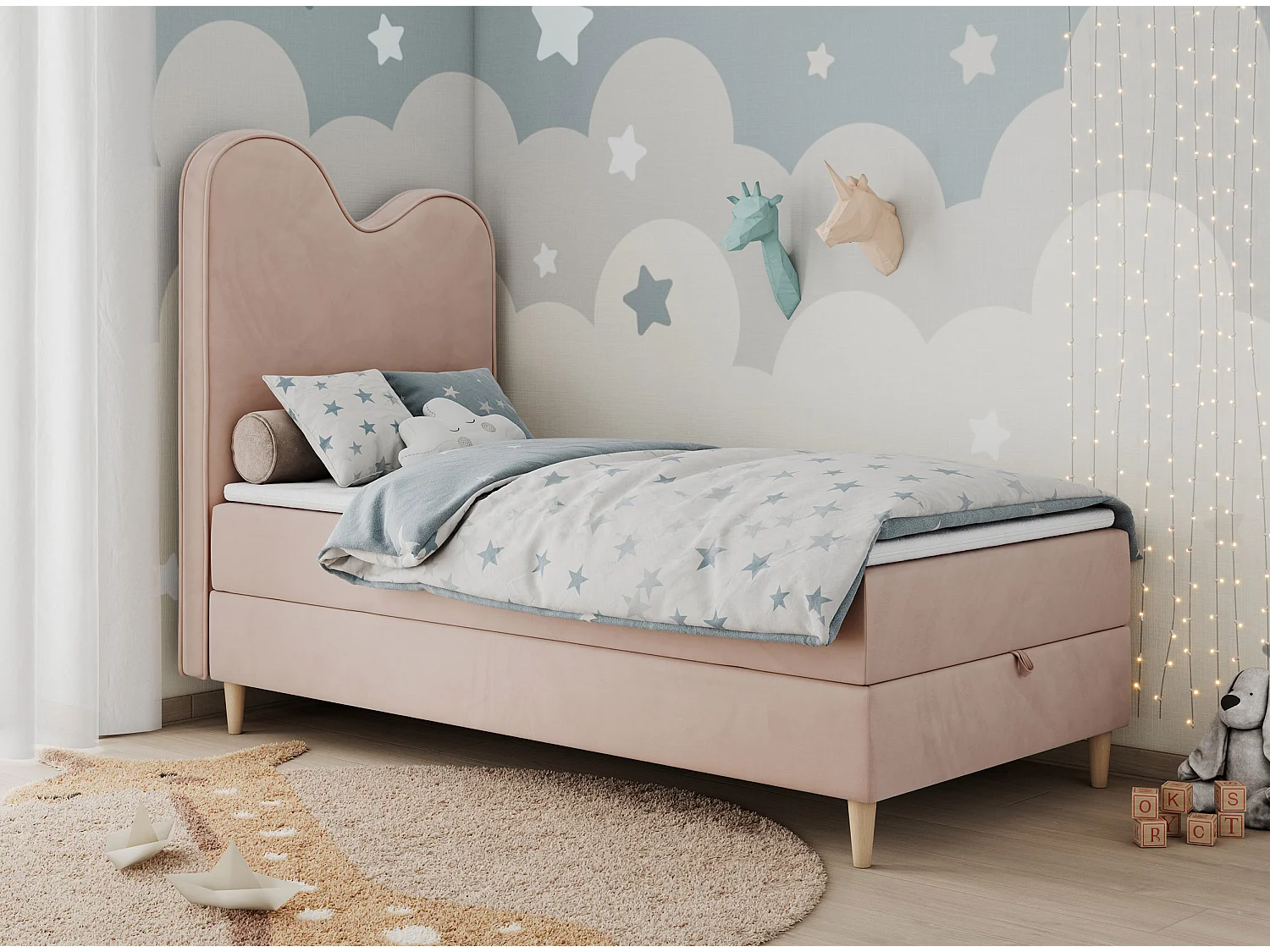 Kinderbett FLOW - Boxspringbett mit Stauraum, Einzelbett für Jugendliche, Bettkasten und hohe Kopfteil - 90x180 cm - Rosa Velvet