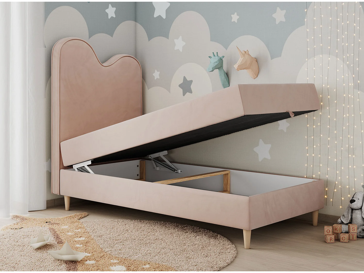 Kinderbett FLOW - Boxspringbett mit Stauraum, Einzelbett für Jugendliche, Bettkasten und hohe Kopfteil - 90x180 cm - Rosa Velvet