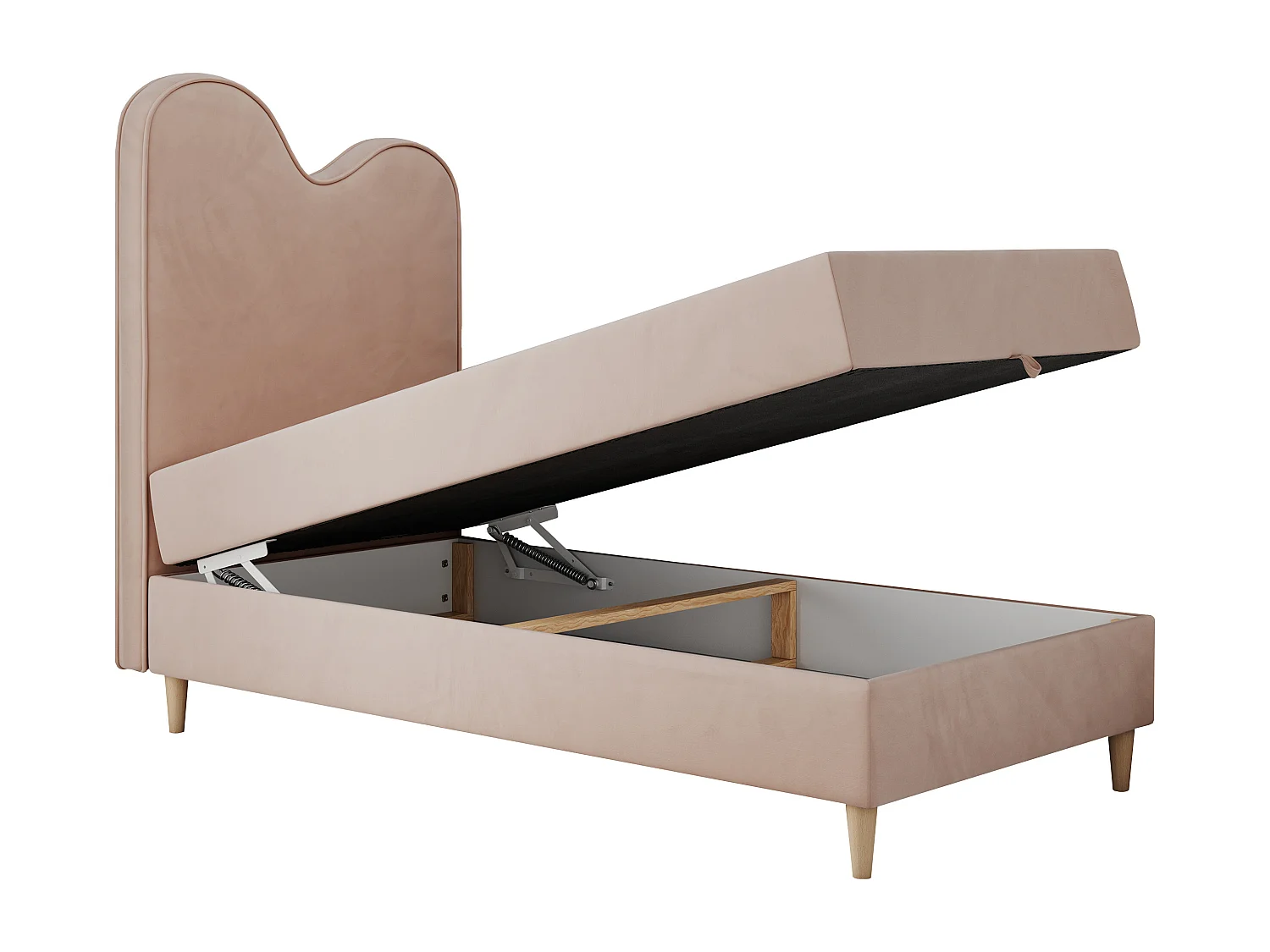 Kinderbett FLOW - Boxspringbett mit Stauraum, Einzelbett für Jugendliche, Bettkasten und hohe Kopfteil - 90x180 cm - Rosa Velvet