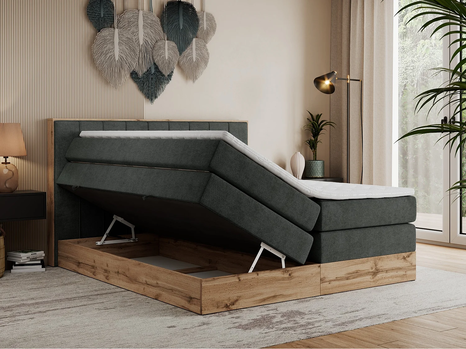 Boxspringbett BELLISSIMO KING - für Schlafzimmer, zwei Multipocket-Matratzen, Set mit Kopfteil und Topper, Holzrahmen - 140x200 cm - H4 - Dunkelgrau Strukture