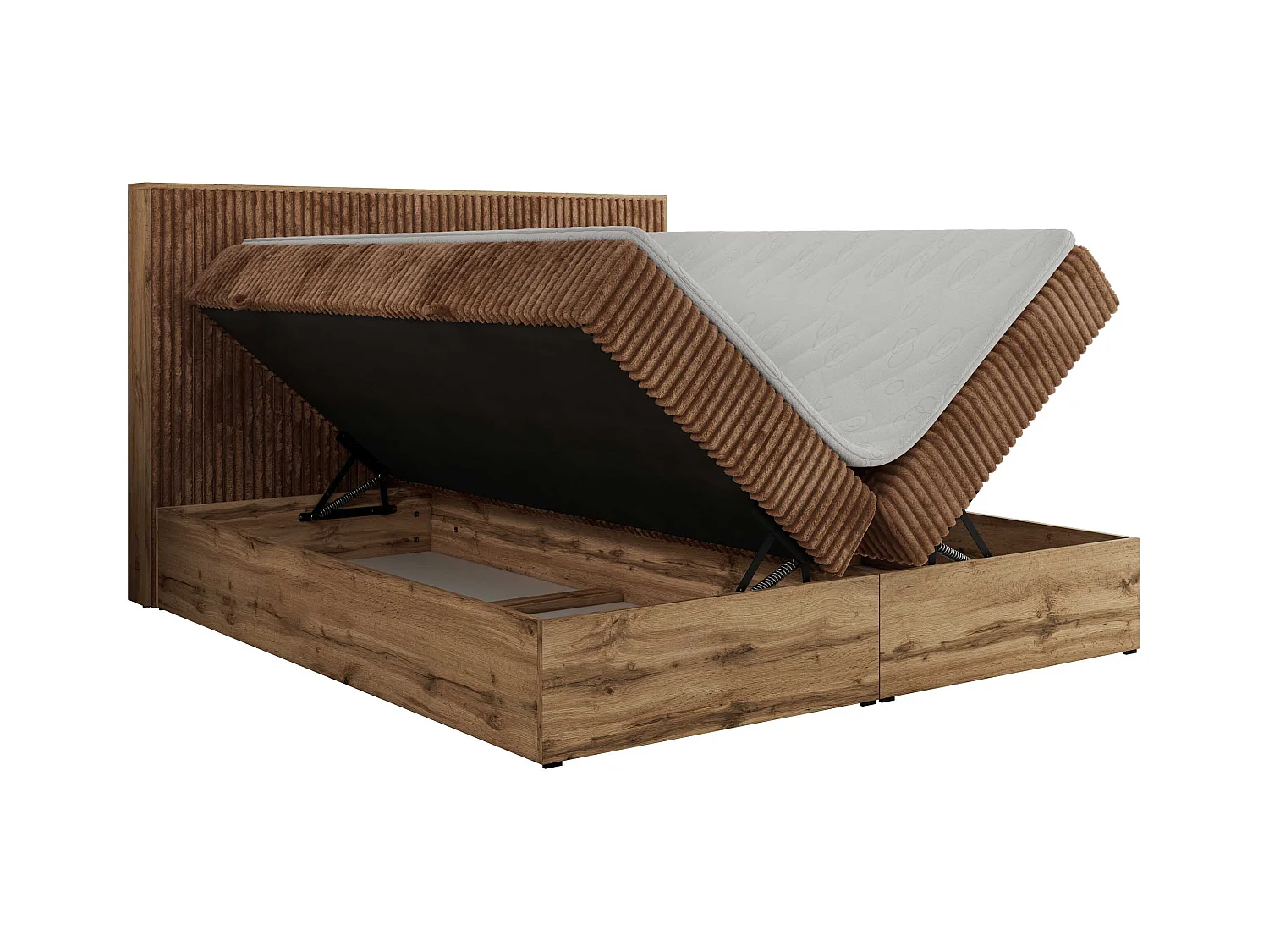 Boxspringbett WOOD CLASSIC - Doppelbett für Schlafzimmer, Set mit Multipocket-Matratze, Holzrahmen - 140x200 cm - H3 - Orange Cord