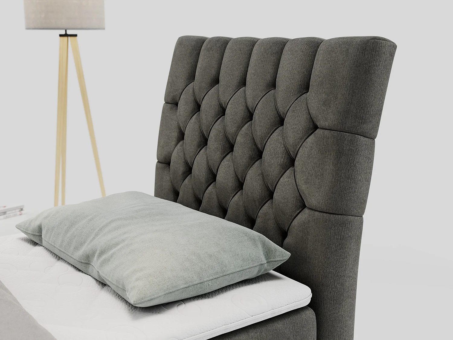 Boxspringbett MILEN - Polsterbett auf Metallbeine, Set mit Multipocket-Matratze, Gesteppte Kopfstütze - 90x200 cm - H3 - Dunkelgrau Velvet - Rechts Seite