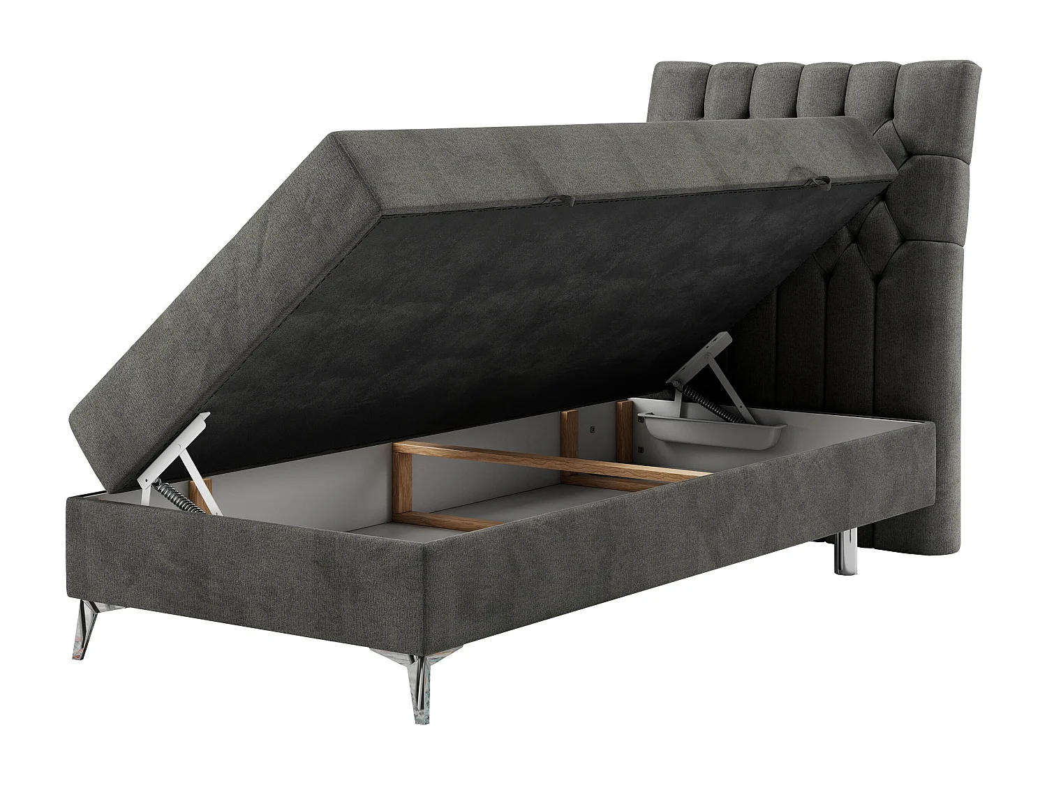 Boxspringbett MILEN - Polsterbett auf Metallbeine, Set mit Multipocket-Matratze, Gesteppte Kopfstütze - 90x200 cm - H3 - Dunkelgrau Velvet - Rechts Seite