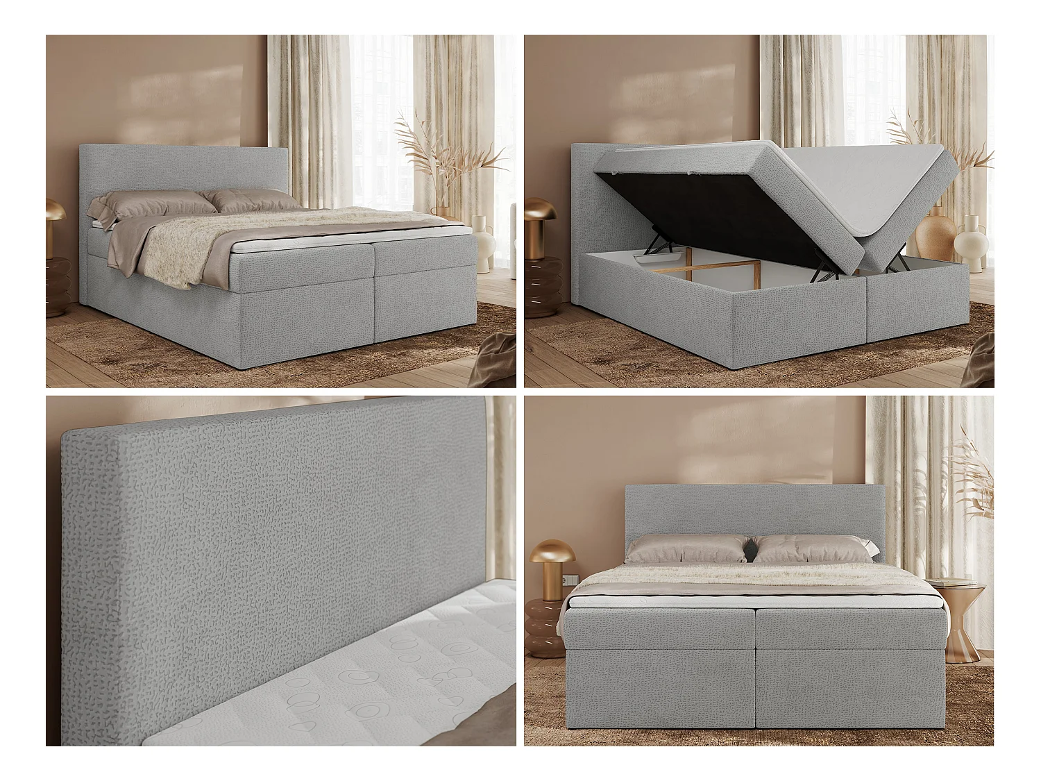 Boxspringbett JAGUAR - Doppelbett mit Multipocket-Matratze und Topper, Struktur dekostoff, zwei Bettkästen - 200x200 cm - H4 - Hellgrau Struktur