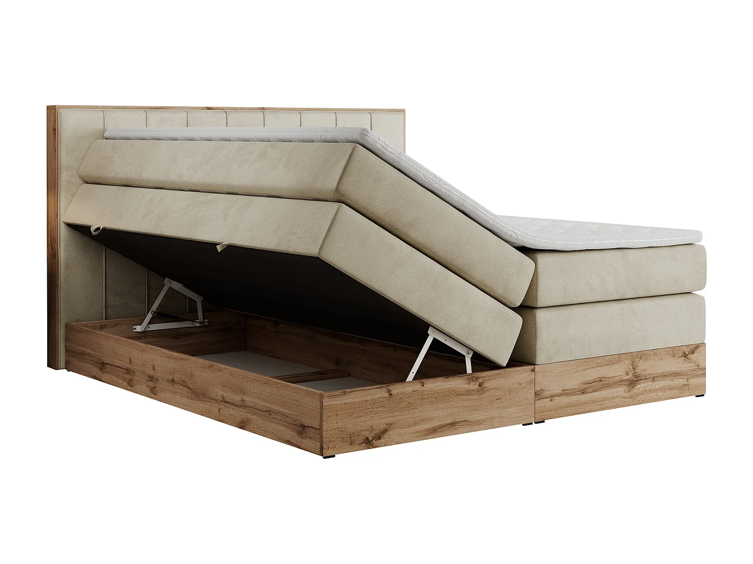 Boxspringbett BELLISSIMO KING - für Schlafzimmer, zwei Multipocket-Matratzen, Set mit Kopfteil und Topper, Holzrahmen - 200x200 cm - H4 - Beige Velvet