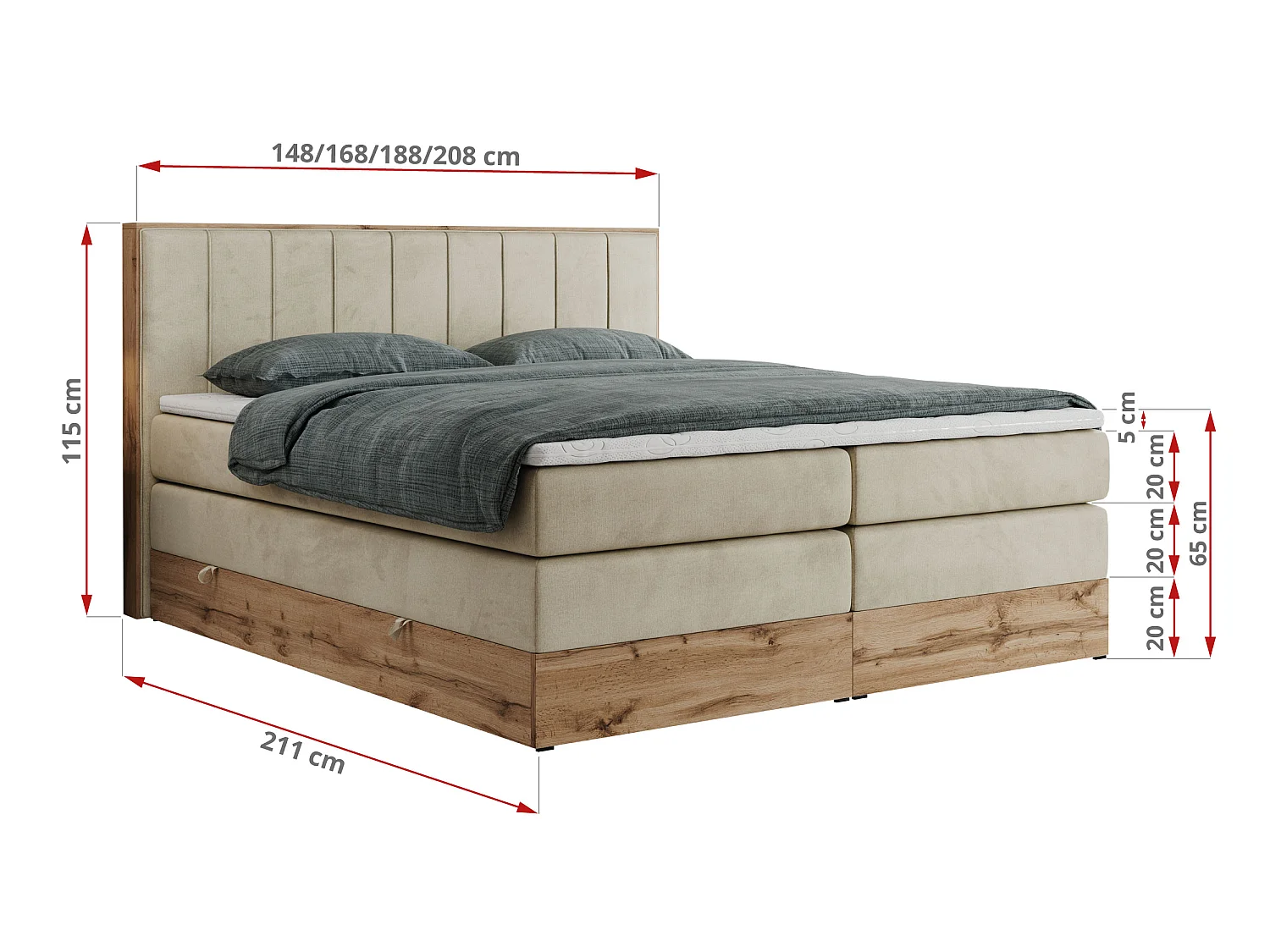 Boxspringbed met hoofdbord H4 + Topper T25 - Beige Fluweel - 200x200 - BELLISSIMO KING