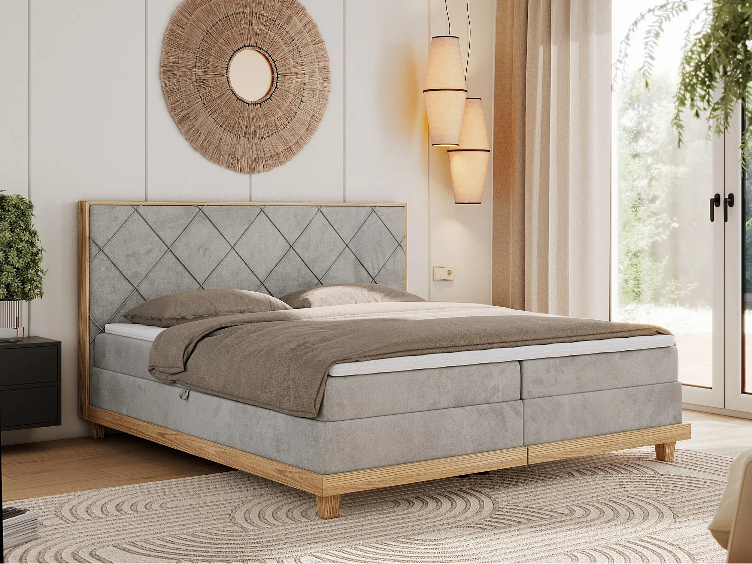 Boxspringbett CAICOS - mit gestepptem Kopfteil, Multipocket-Matratze und Topper, Holzelementen - 180x200 cm - H3 - Hellgrau Velvet