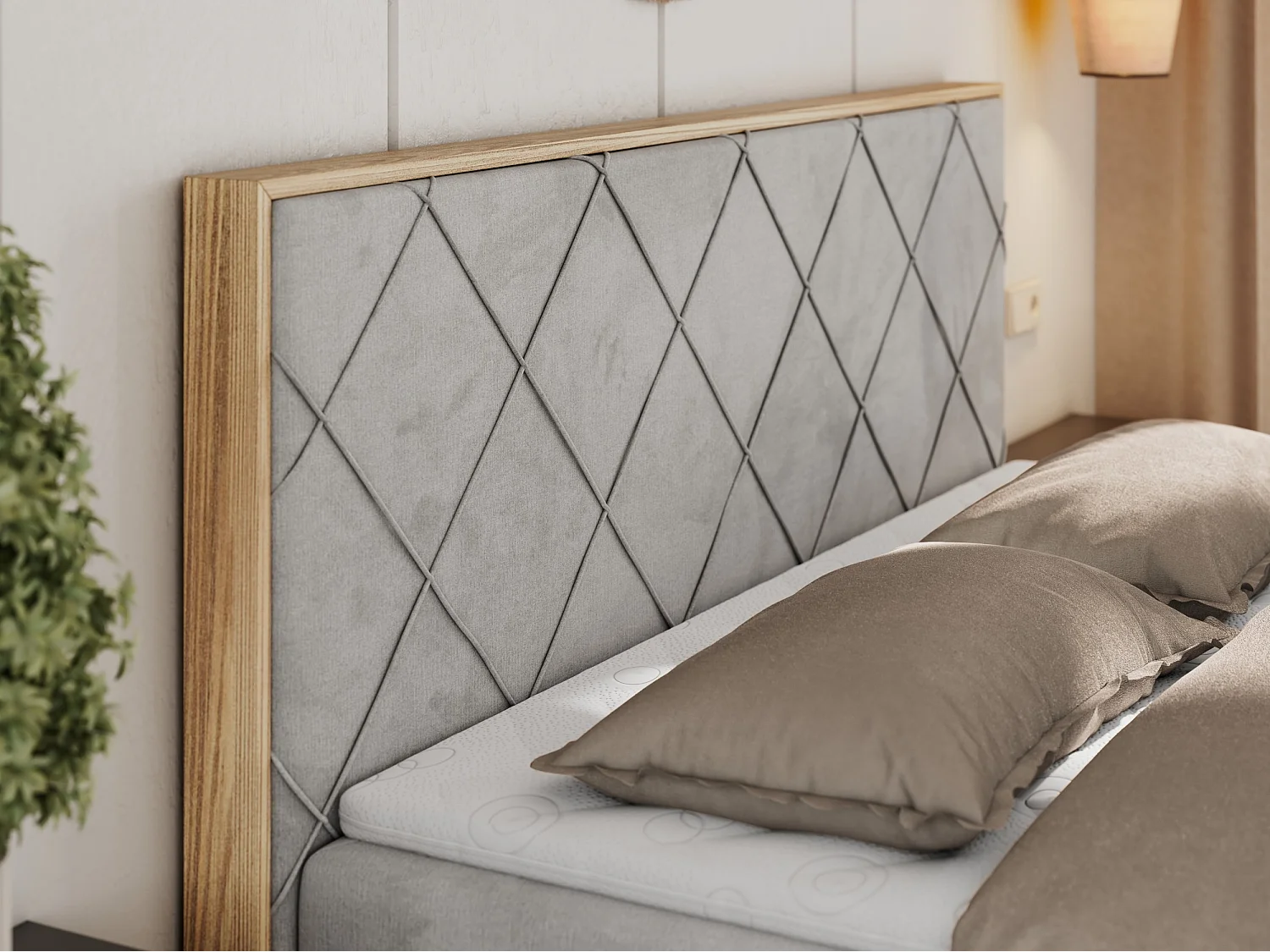 Boxspringbett CAICOS - mit gestepptem Kopfteil, Multipocket-Matratze und Topper, Holzelementen - 180x200 cm - H3 - Hellgrau Velvet