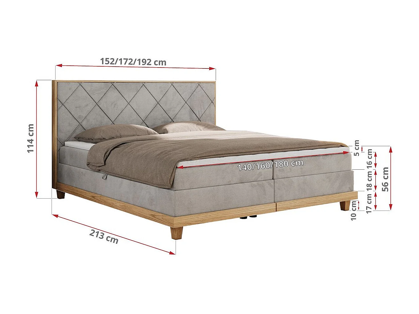 Boxspringbett CAICOS - mit gestepptem Kopfteil, Multipocket-Matratze und Topper, Holzelementen - 180x200 cm - H3 - Hellgrau Velvet